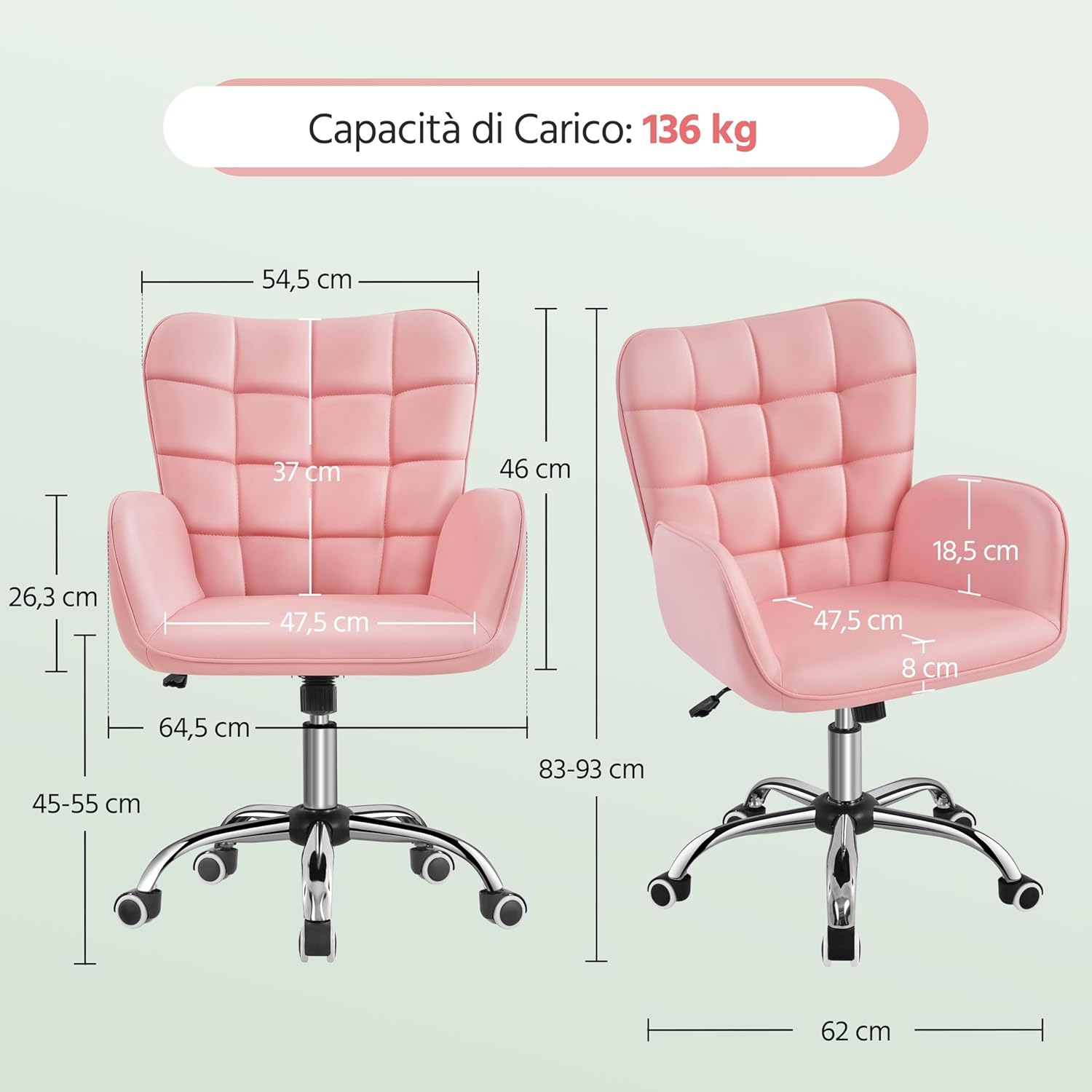 Thumbnail 2 de Yaheetech Sedia Ufficio Ergonomica Rosa 360°
