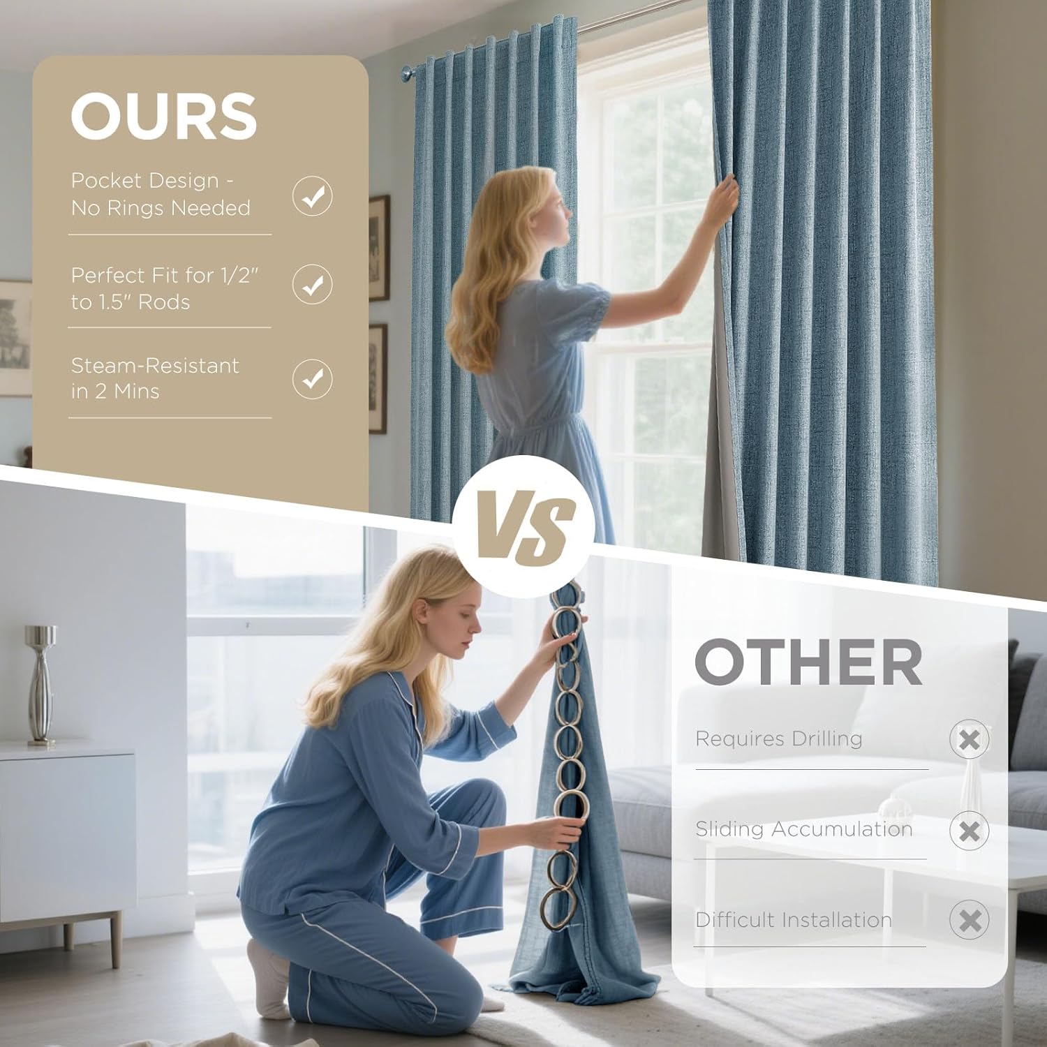 Thumbnail 5 de Joydeco Blackout Thermal Lined Curtains 66x90 Inch, 2 Panels with Back Tabs & Rod Pocket