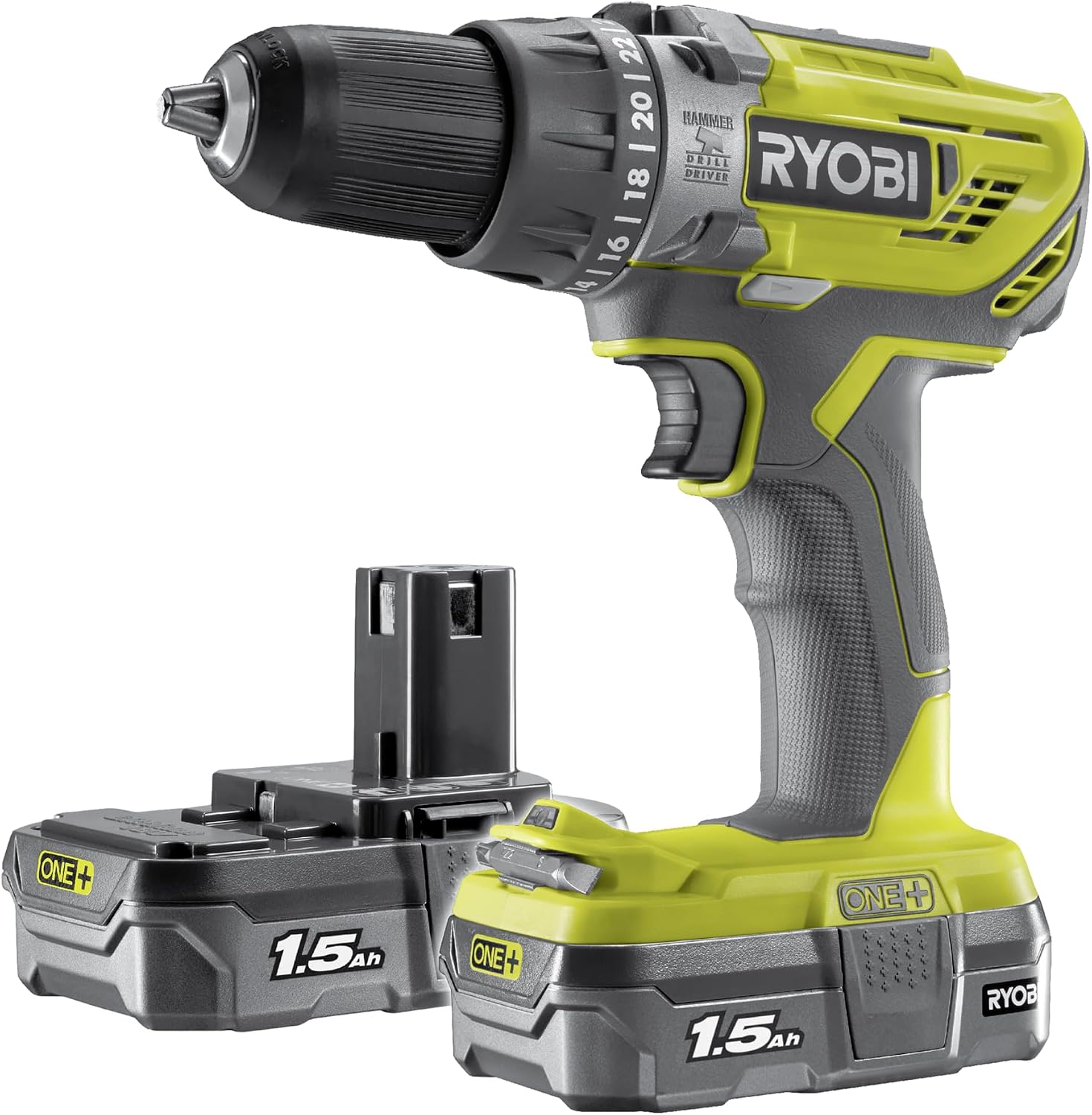 Detalle de Ryobi 18V ONE+ Cordless Combi Drill Starter Kit (Hyper Green) with 2 x 1.5Ah batteries