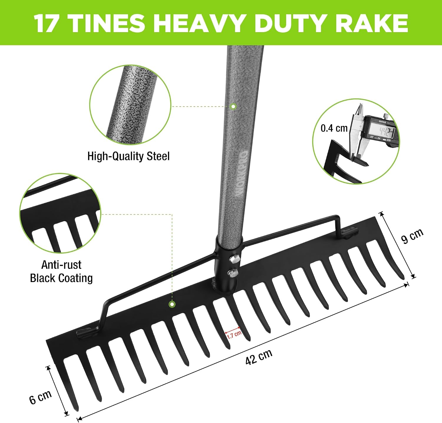 Thumbnail 5 de WORKPRO 165 cm Adjustable Garden Rake with 17 Metal Tines and Heavy-Duty Steel Handle