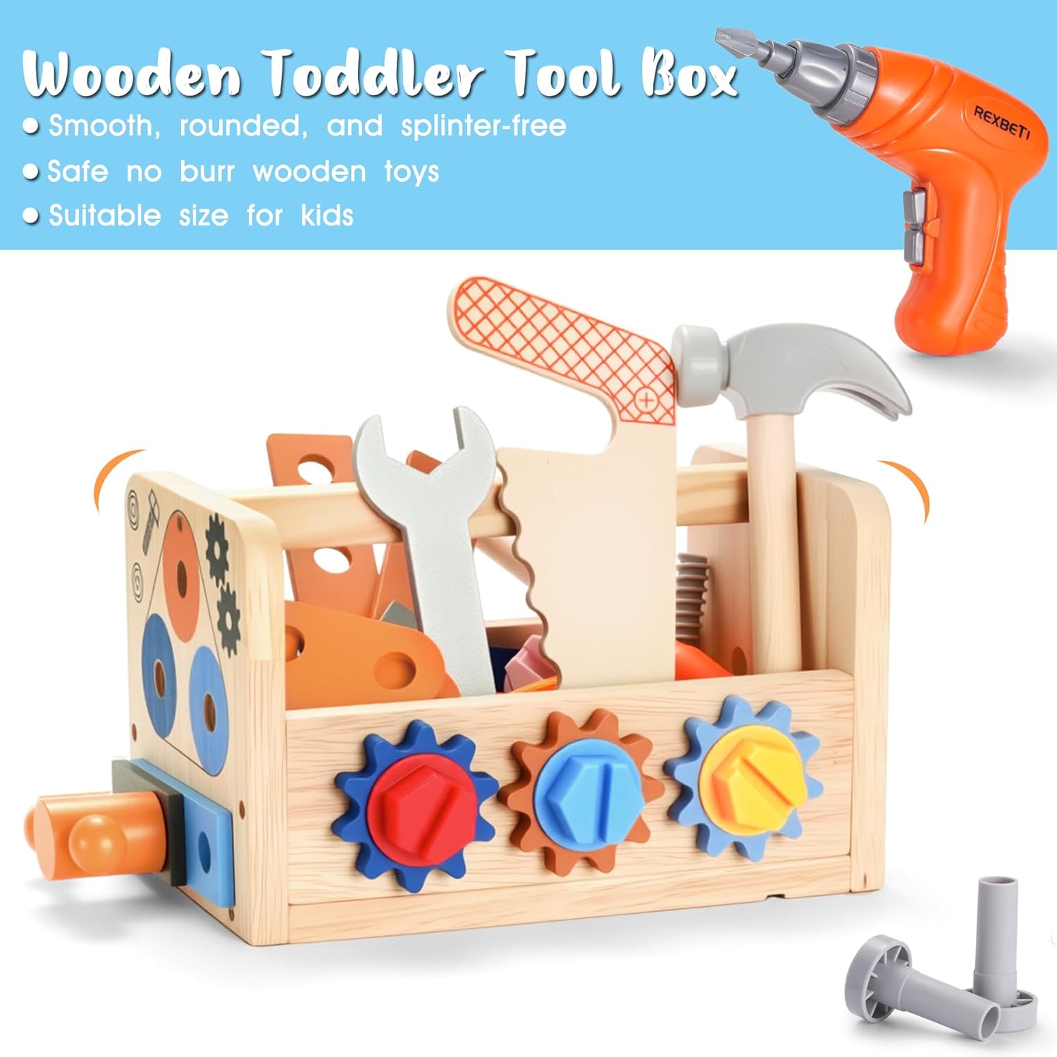 Thumbnail 1 de REXBETI Kids Tool Set with Electric Drill (43-Piece Wooden Toddler Bench)