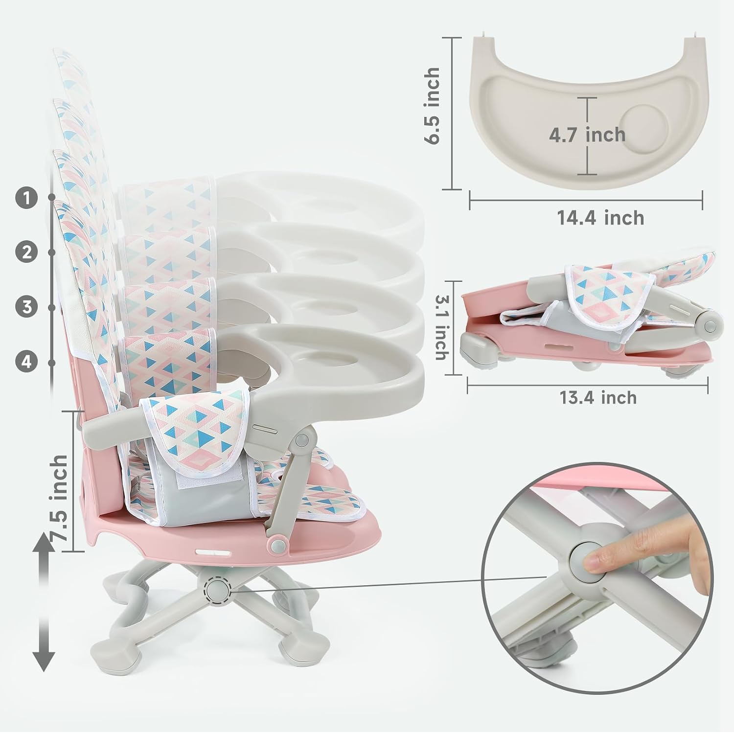 Detalle de YOLEO Baby High Chair Booster Seat, 4 Height Settings, Foldable with Tray