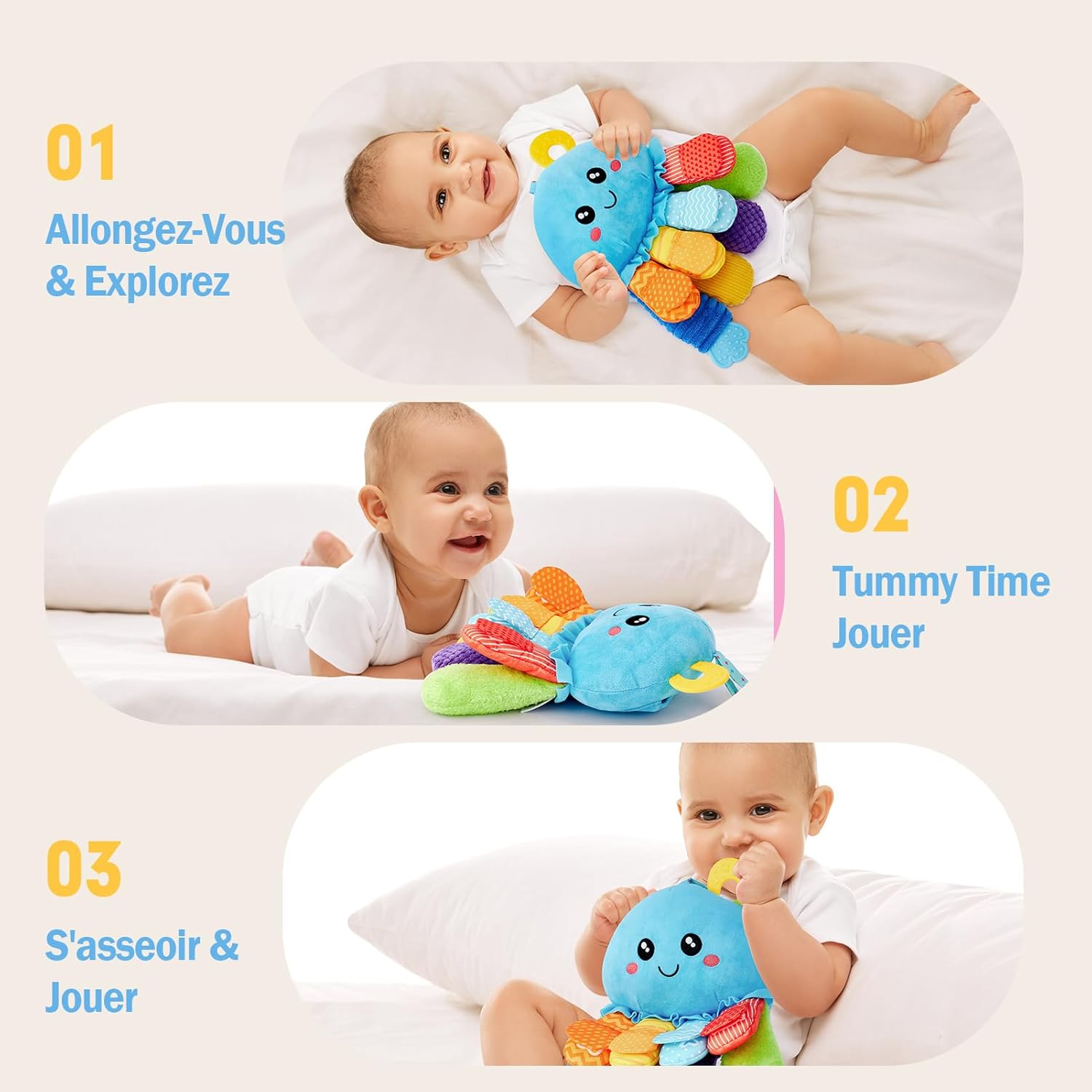 Thumbnail 4 de hahaland Jouet bébé d’éveil 0-3/6 mois : pieuvre sensorielle avec anneau de dentition, miroir et jouets tummy time