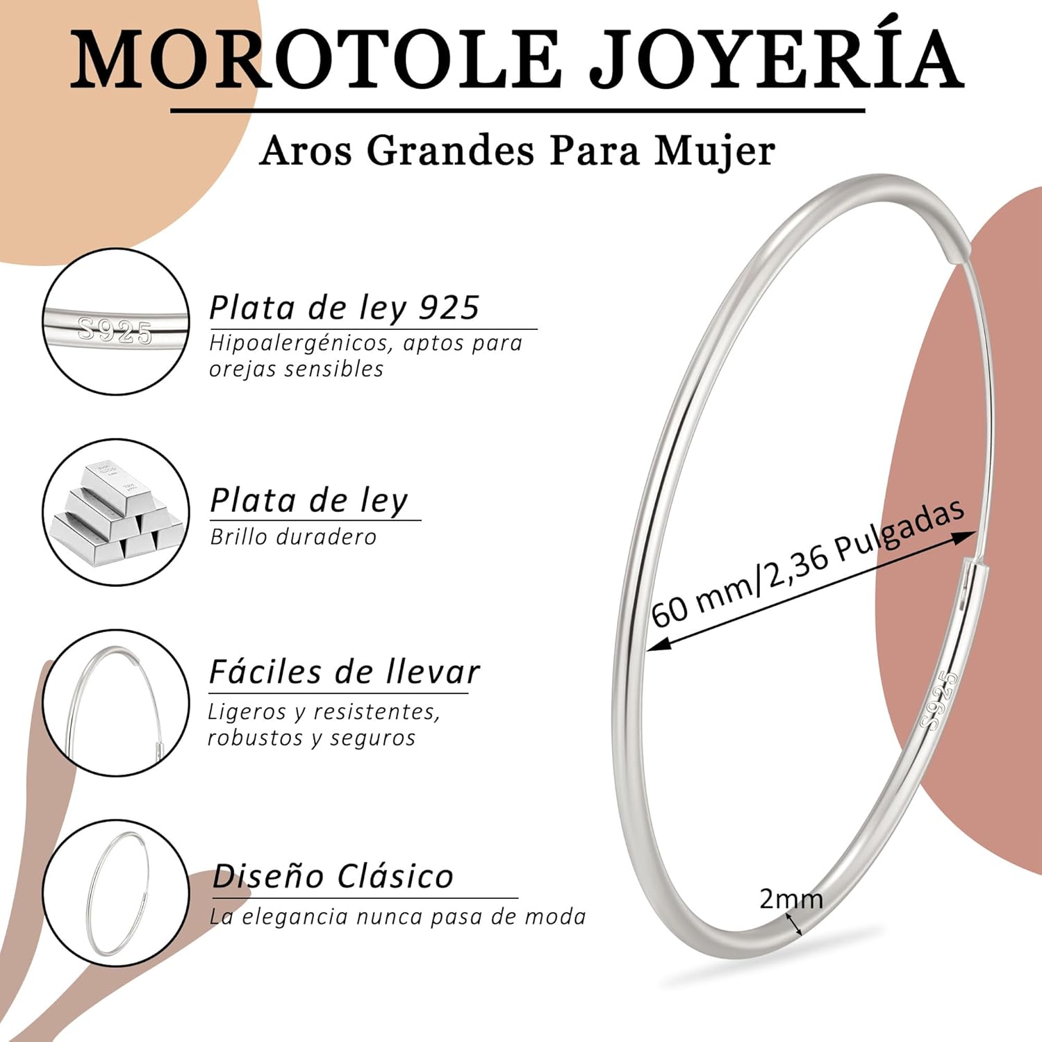 Detalle de Pendientes de aro MOROTOLE en plata de ley 925 grandes para mujer