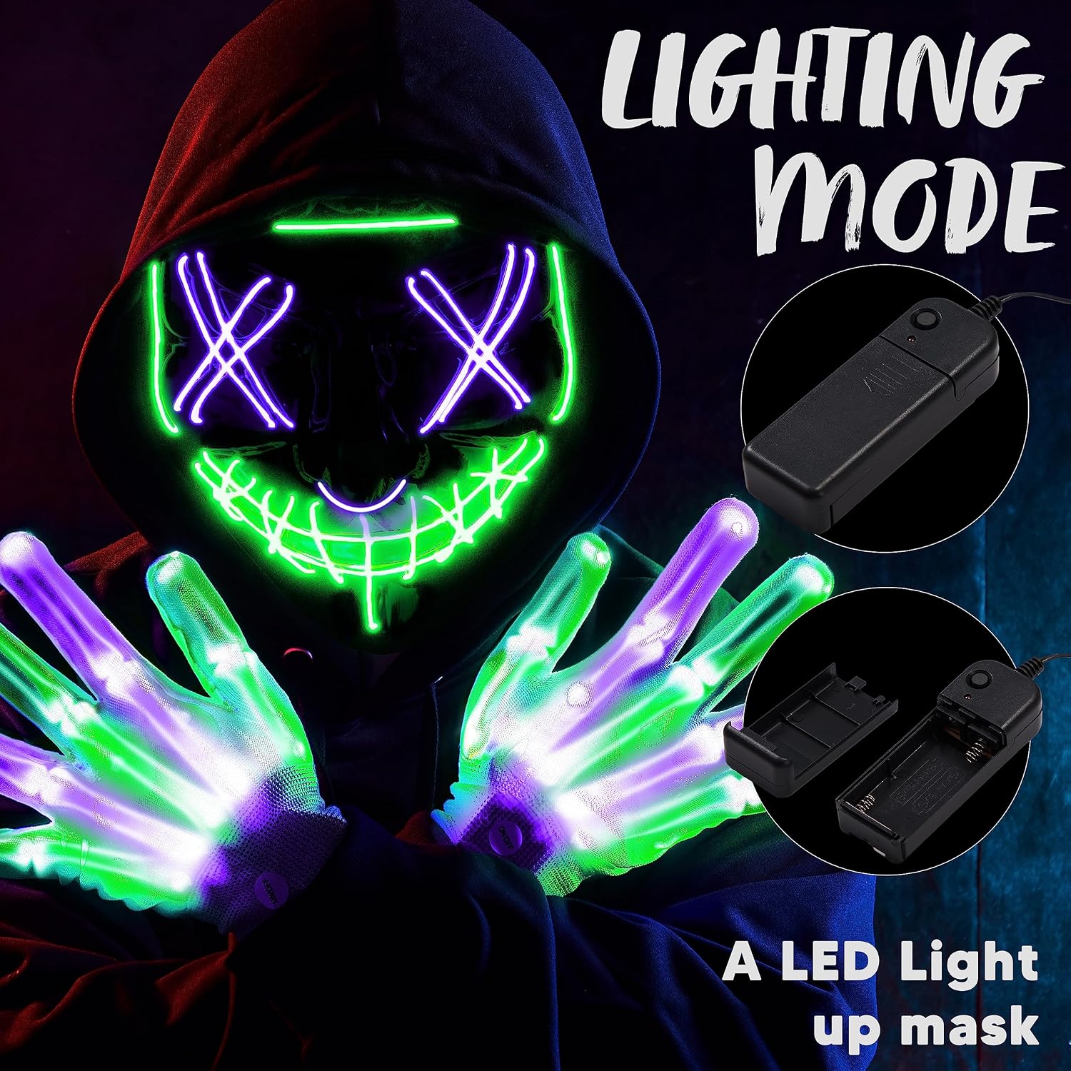 Thumbnail 2 de JOYIN LED Halloween Mask and Gloves, Green and Purple, 3 Flashing Modes