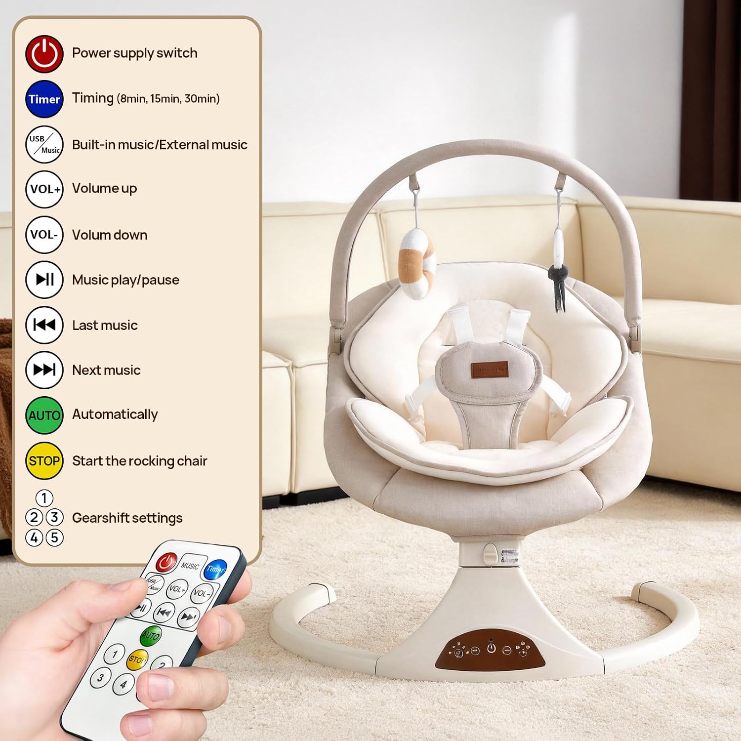Thumbnail 6 de Viriwebaby XJD001-Beige Infant Swing, 5 Speeds, Bluetooth and Timer