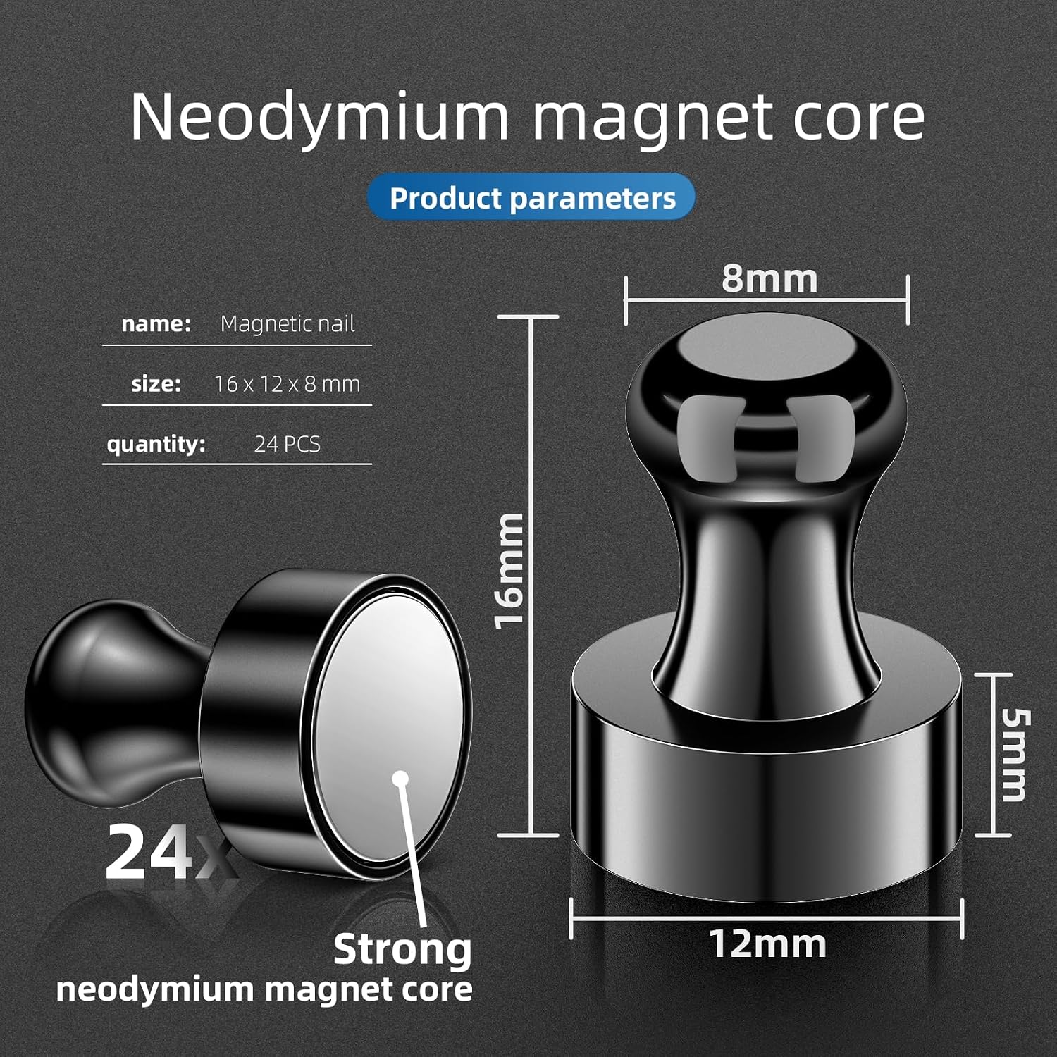 Detalle 2 de Kimsky 24 Magnete für Magnettafel & Whiteboard – Neodym-Kegelmagnete schwarz inkl. Aufbewahrungsbox