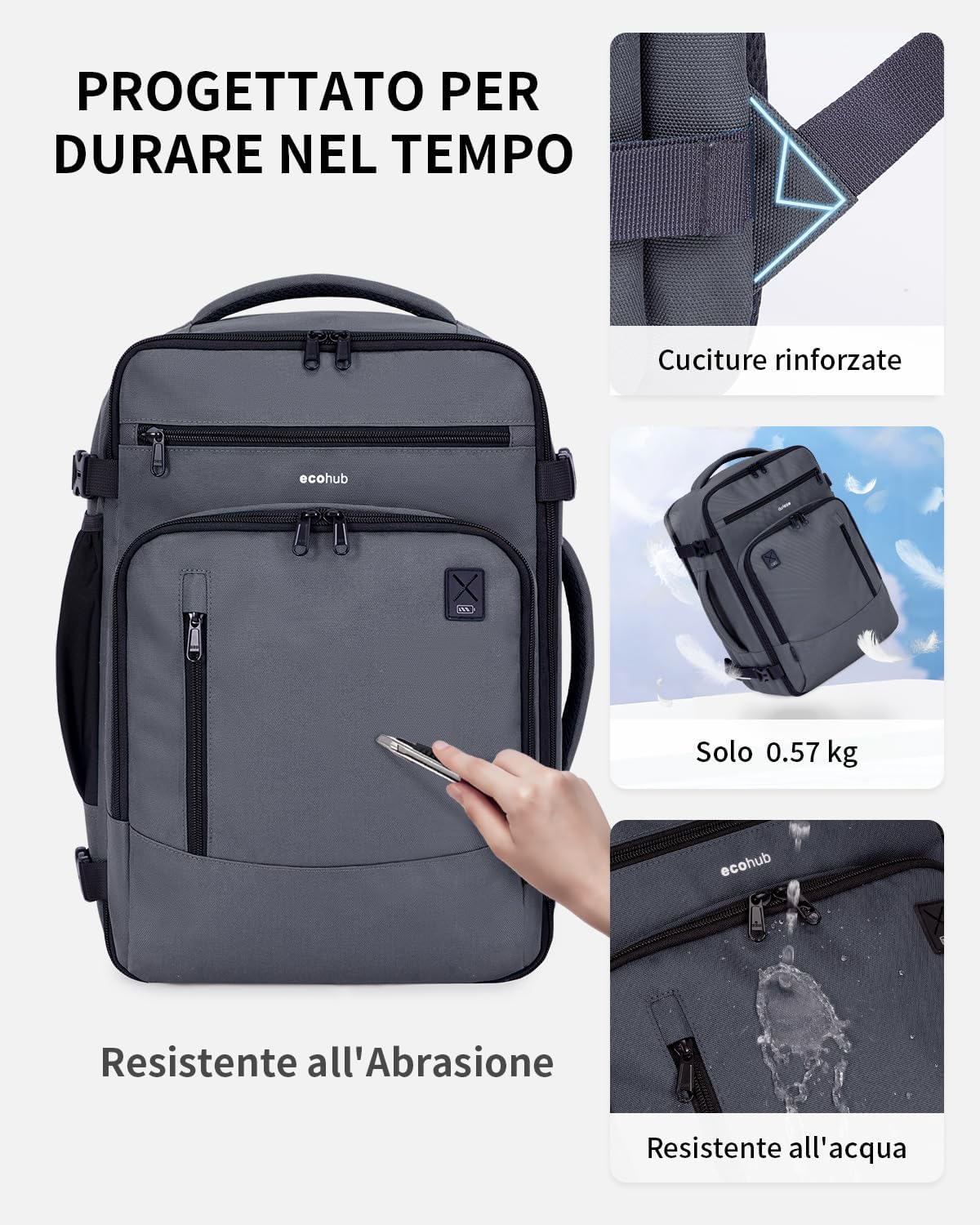 Detalle de ECOHUB Zaino Ryanair 40x20x25 Bagaglio a Mano da 20 L in PET riciclato (zaino grigio)