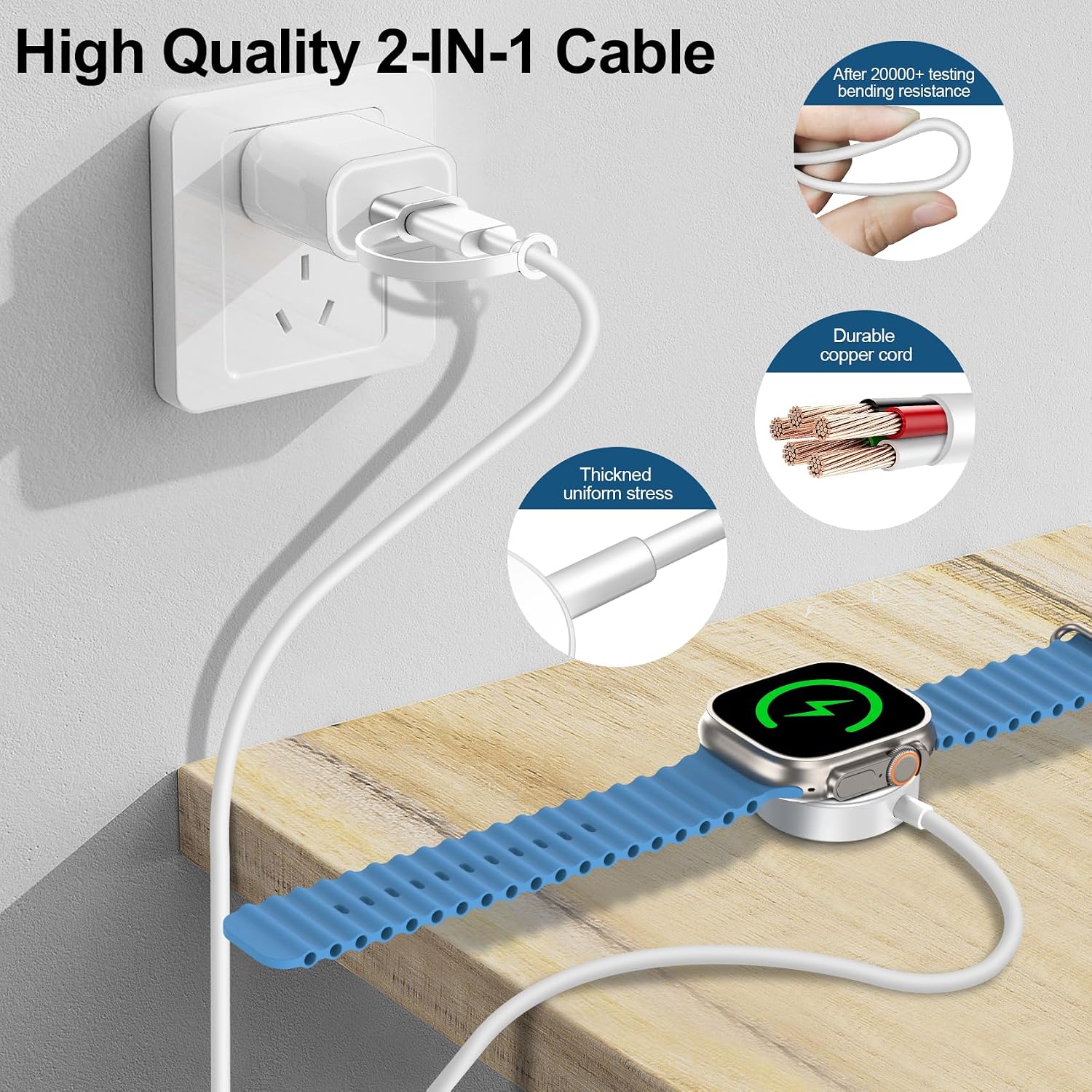 Detalle de toaksi A2255 Apple Watch Magnetic Charging Cable, USB-A/USB-C, 4.9 ft