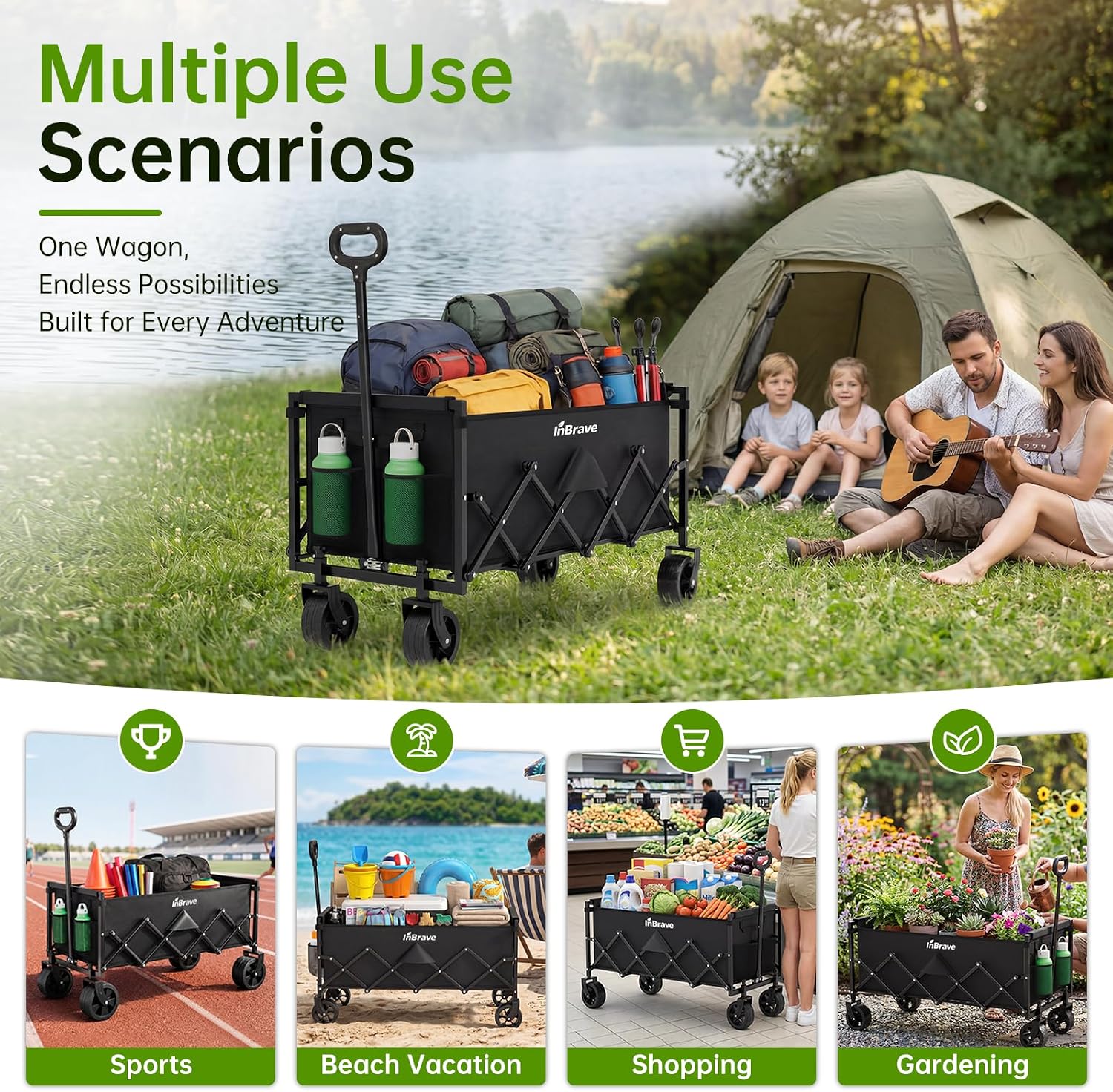 Thumbnail 6 de InBrave Extra Long Collapsible Wagon Cart (480LBS) with All-Terrain Wheels, Foldable Utility Cart for Beach, Camping & Shopping