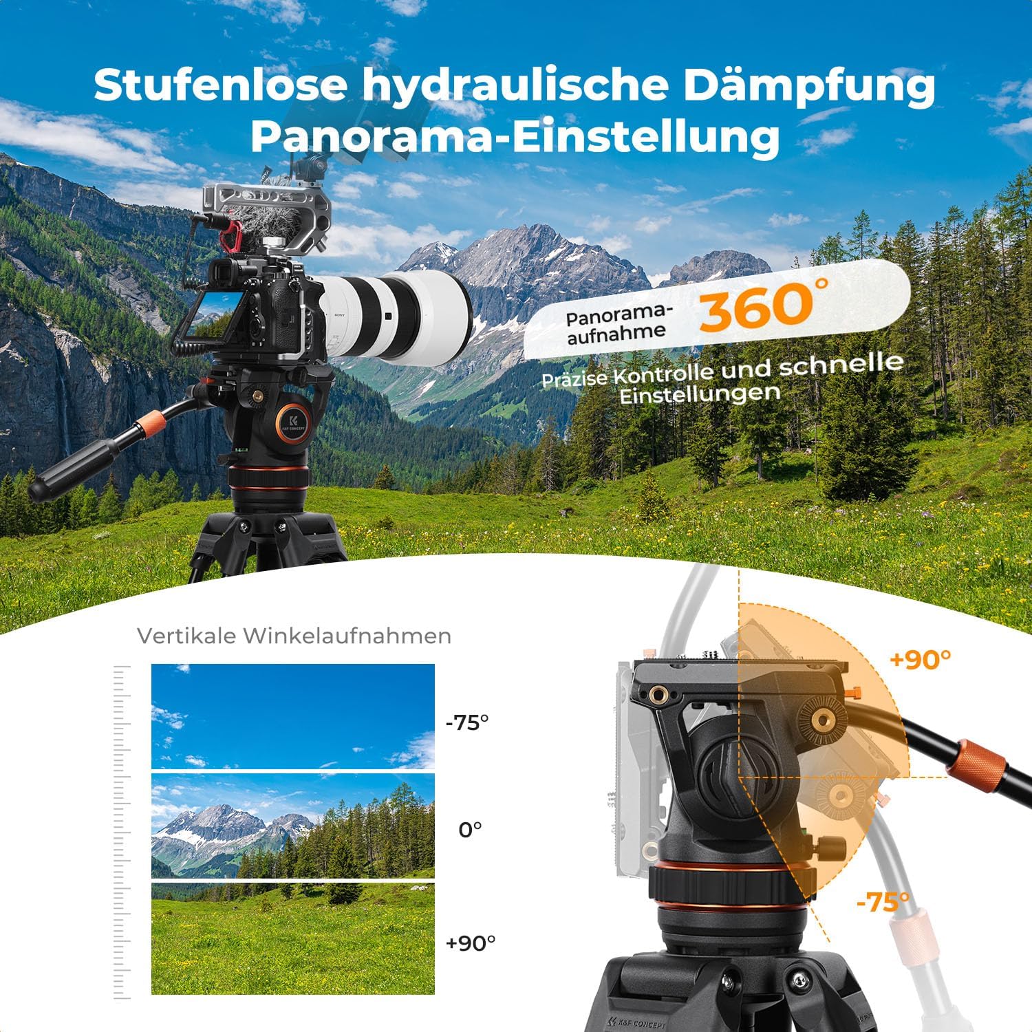 Detalle de K&F CONCEPT BV50 Fluidkopf – leichter Videostativkopf mit 360°-Panorama und hydraulischer Dämpfung