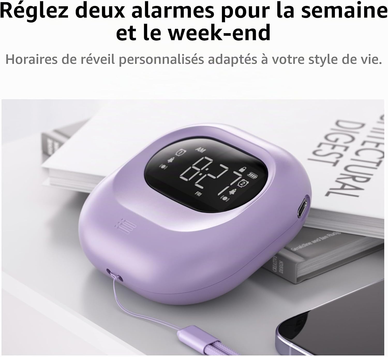 Detalle de Mesqool MEU-1027-Violet-New trilwekker, paars, 3 alarmmodi en snooze