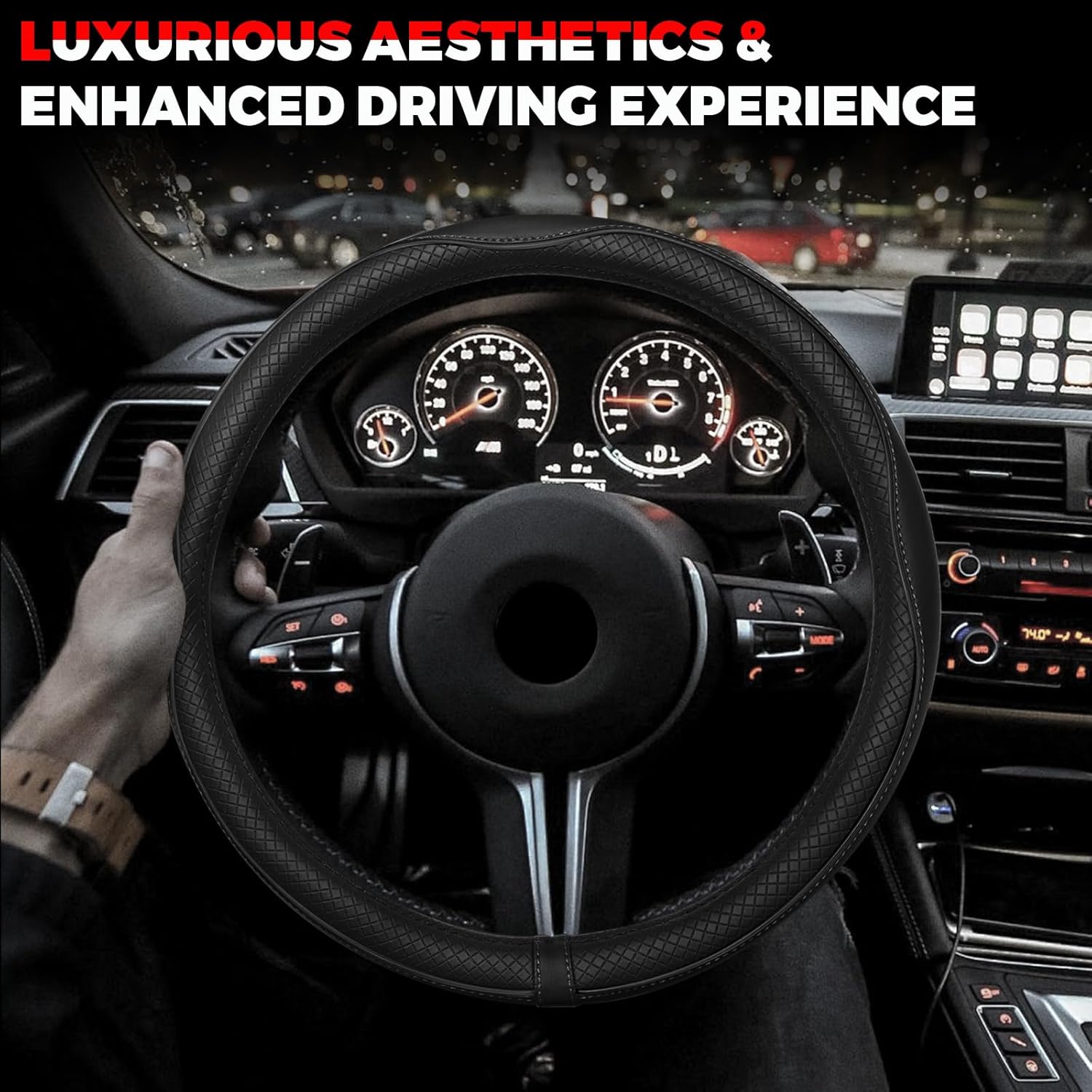 Thumbnail 6 de Ouzorp Car Steering Wheel Cover (Universal 14.5–15 in) in Black Microfiber Leather