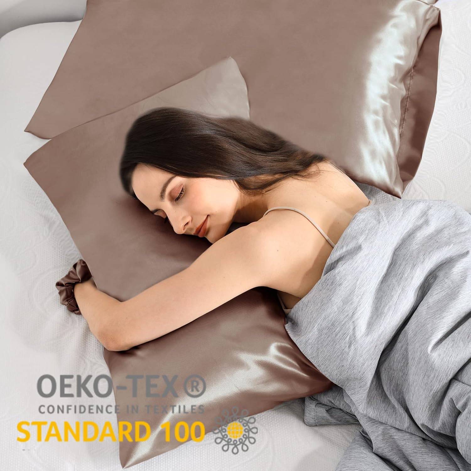 Detalle de Vielit Satin Kissenbezug 40 x 80 Braun – 2er Set, weiches Seiden-Feeling, Haar- und Hautschutz inkl. Haargummis