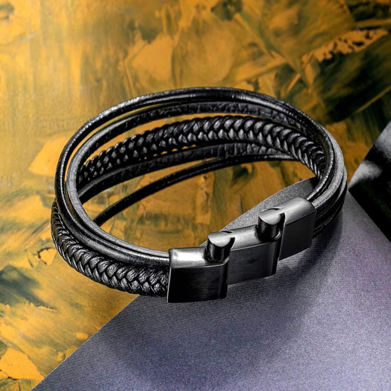 Detalle de murtoo Herren Armband Edelstahl Echtleder mit Naturstein – Magnetverschluss, geflochtenes Naturlederarmband