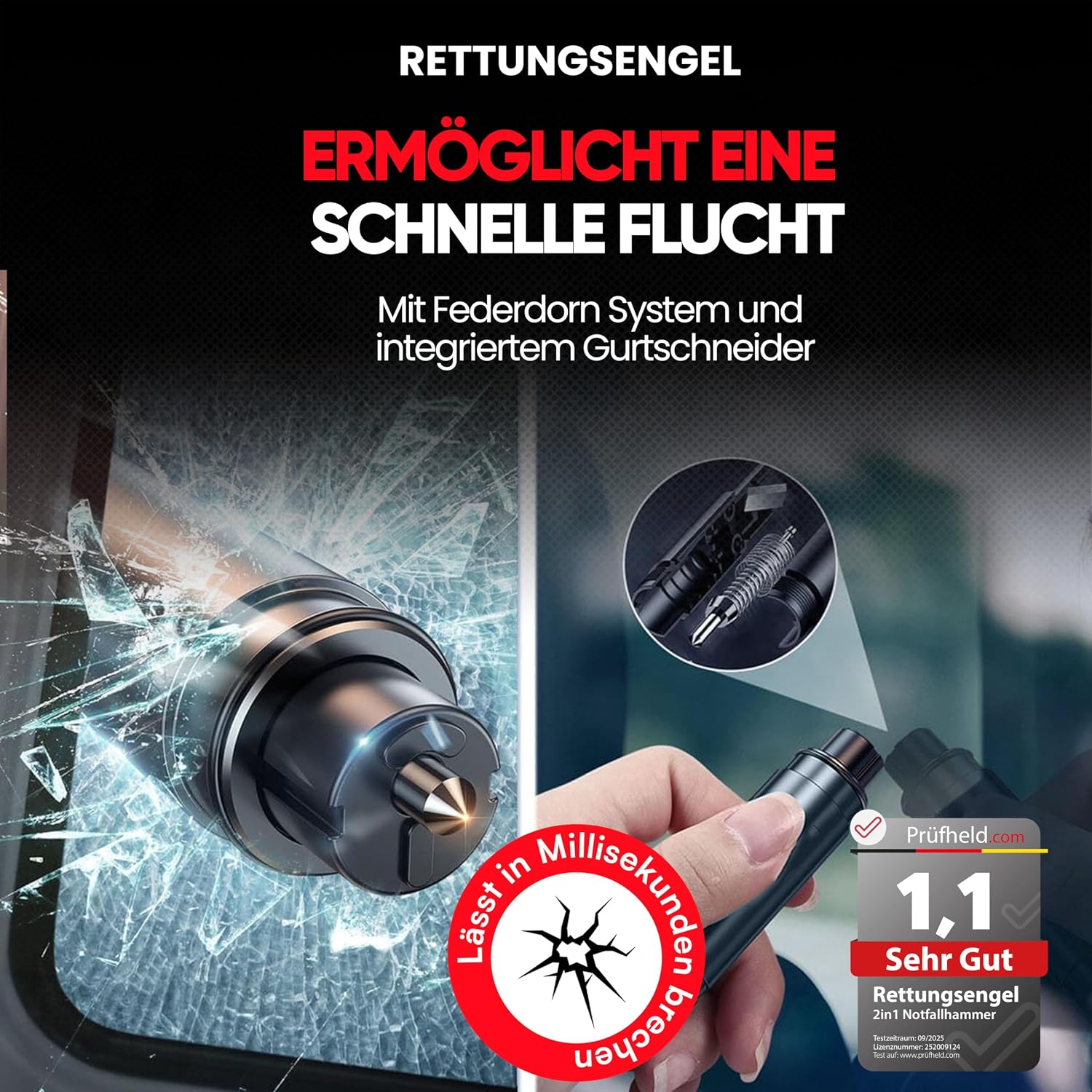 Detalle de RETTUNGSENGEL 2in1 Notfallhammer Auto mit Gurtschneider und Glasbrecher – kompakt & zuverlässig