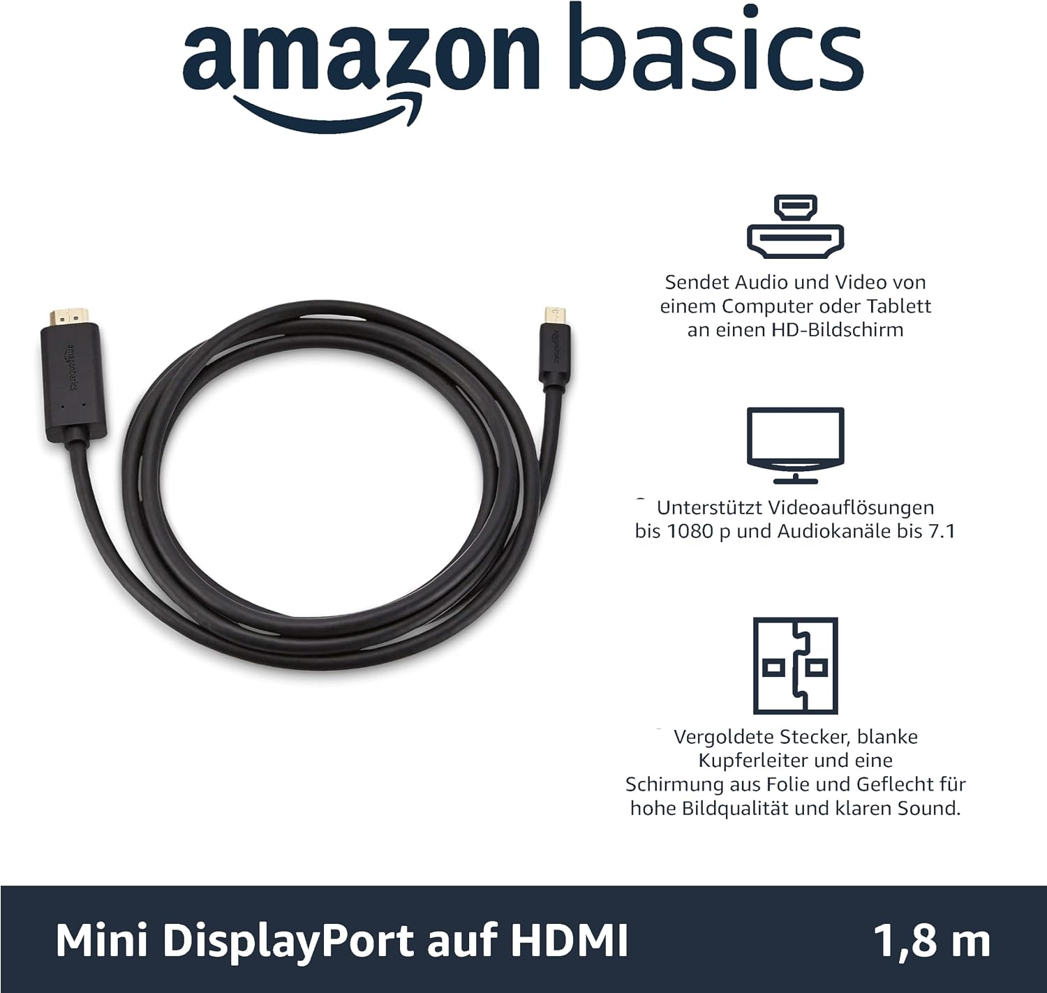 Detalle de Amazon Basics Mini-DisplayPort-auf-HDMI-Kabel (vergoldete Anschlüsse), 1,8 m – für MacBook Air/Pro (2010–2017)