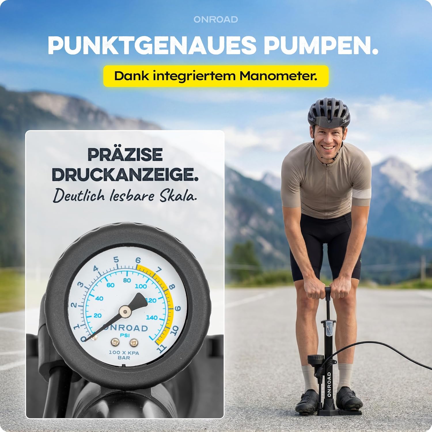 Detalle 2 de ON‑AIR Fahrradpumpe für alle Ventile (Presta/SV, AV, DV) – Standluftpumpe mit großem Manometer, Adapter & Ballnadel