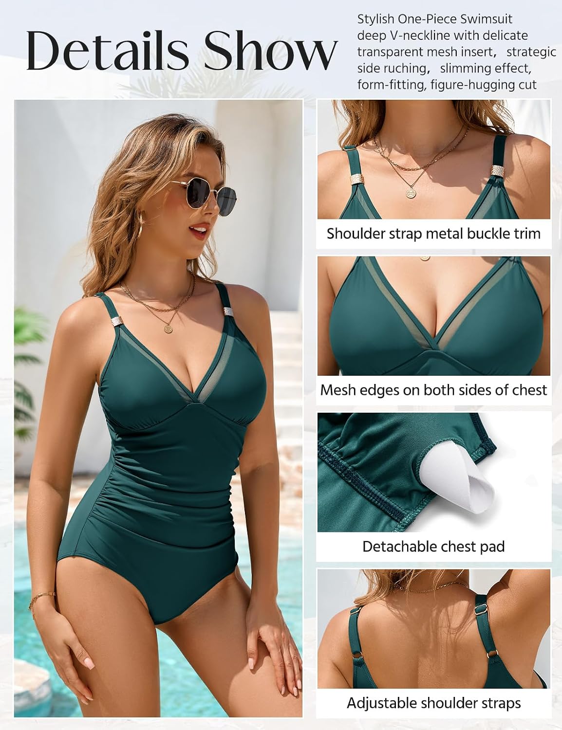 Detalle de Vijamiy Costume Intero Contenitivo da Bagno Donna – Morbidezza, Scollo A V e Dettagli in Metallo