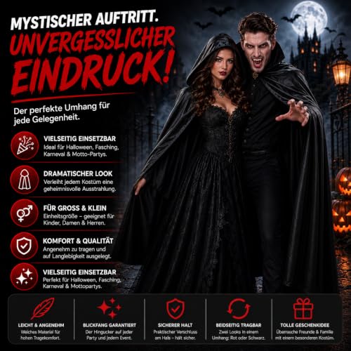 Detalle 2 de Costumed capa negra con capucha para disfraces de vampiro y Drácula