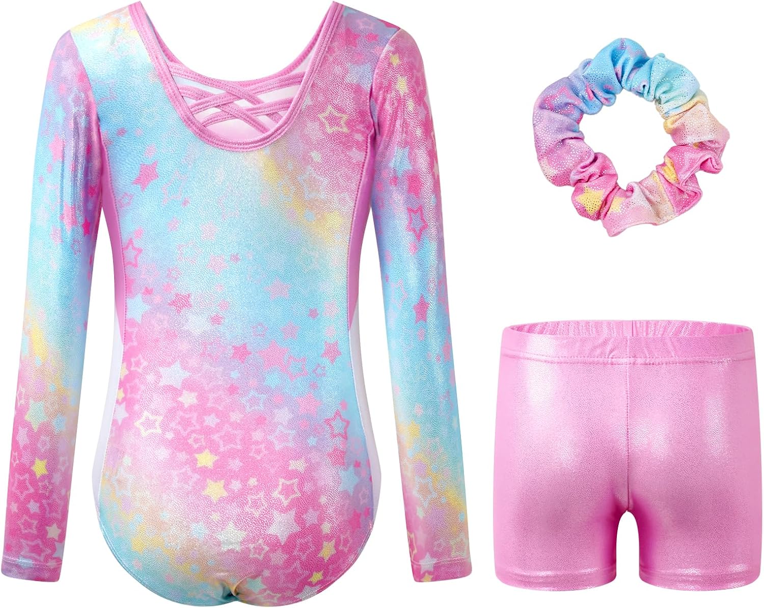 Detalle de JiAmy gymnastikdräkt för flickor med korsad rygg, lång ärm och shorts