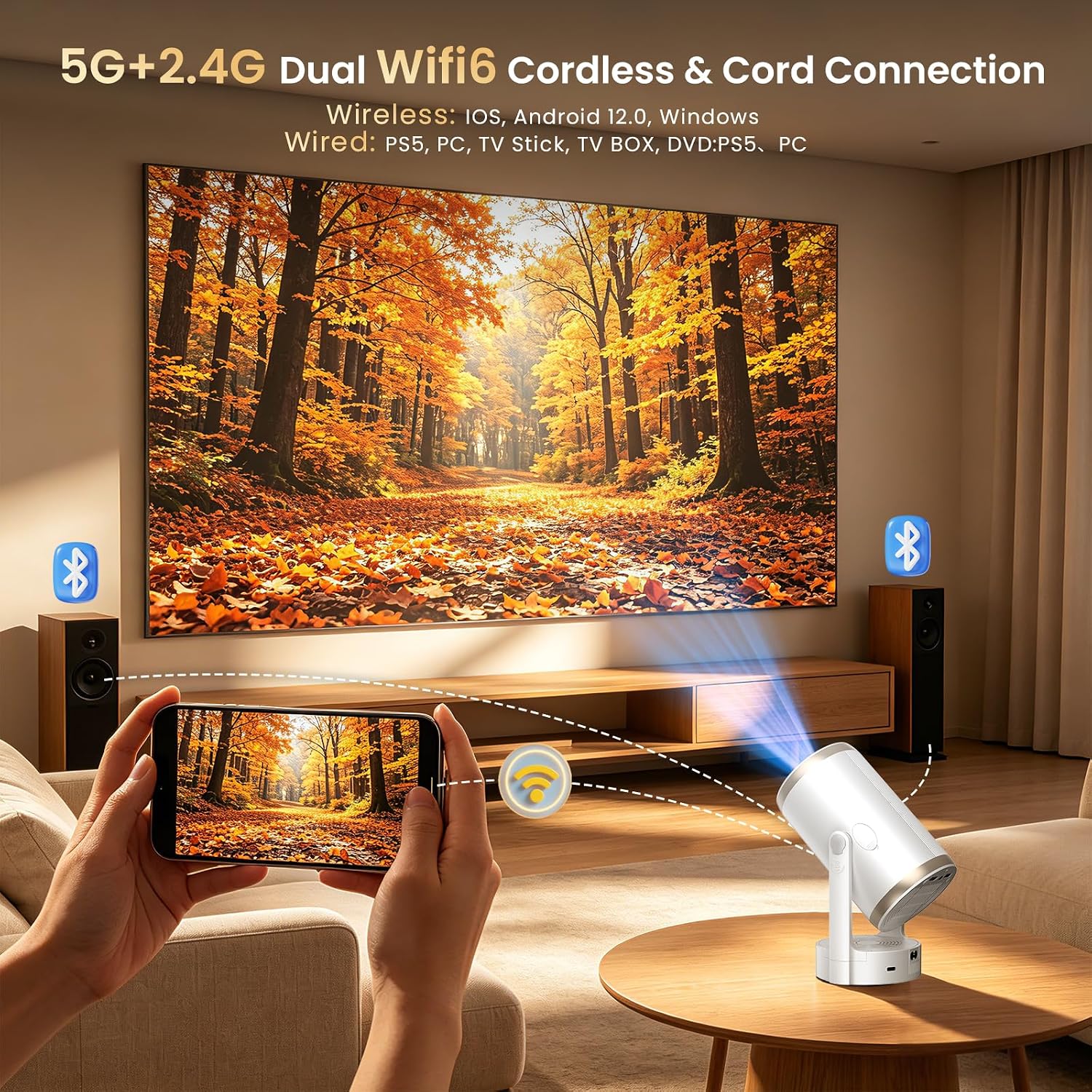 Thumbnail 5 de Mini Projector HD 1080P with 4K Support, Auto Focus, 180° Rotatable, 22000 Lumen (260 ANSI), WiFi 6 & Bluetooth 5.4 — Android 12.0, 30–200" Theatres for Match Gaming, Bedroom and Outdoor