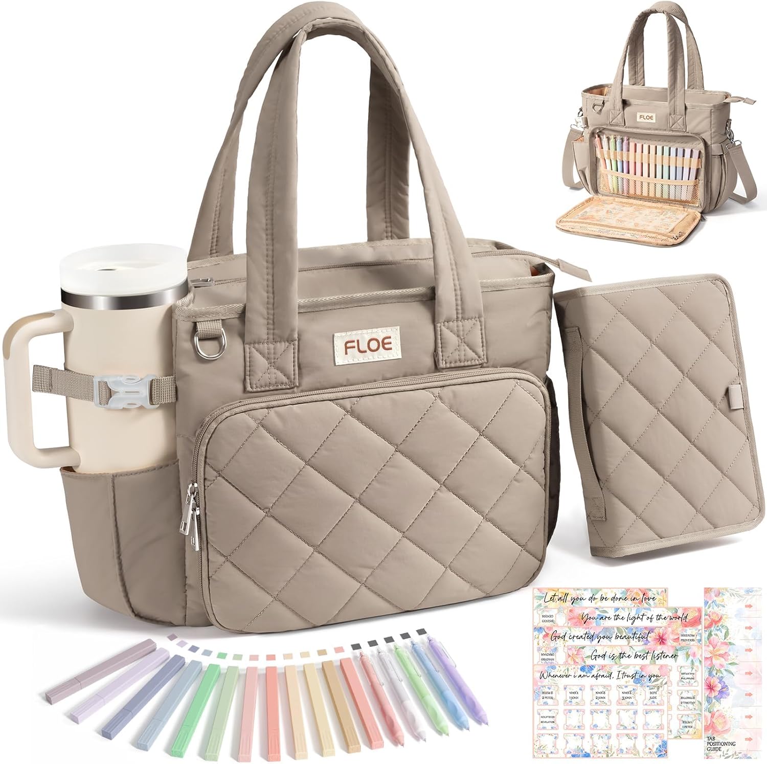 Detalle de FLOE Large Bible Tote Bag with Study Kit, Quilted Oatmeal, 14-Inch Sleeve