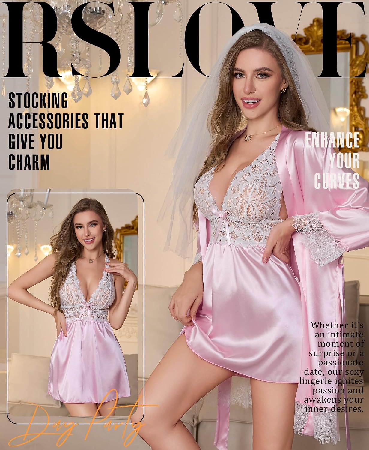 Detalle de RSLOVE satijnen lingerieset met kanten babydoll en bijpassende ochtendjas