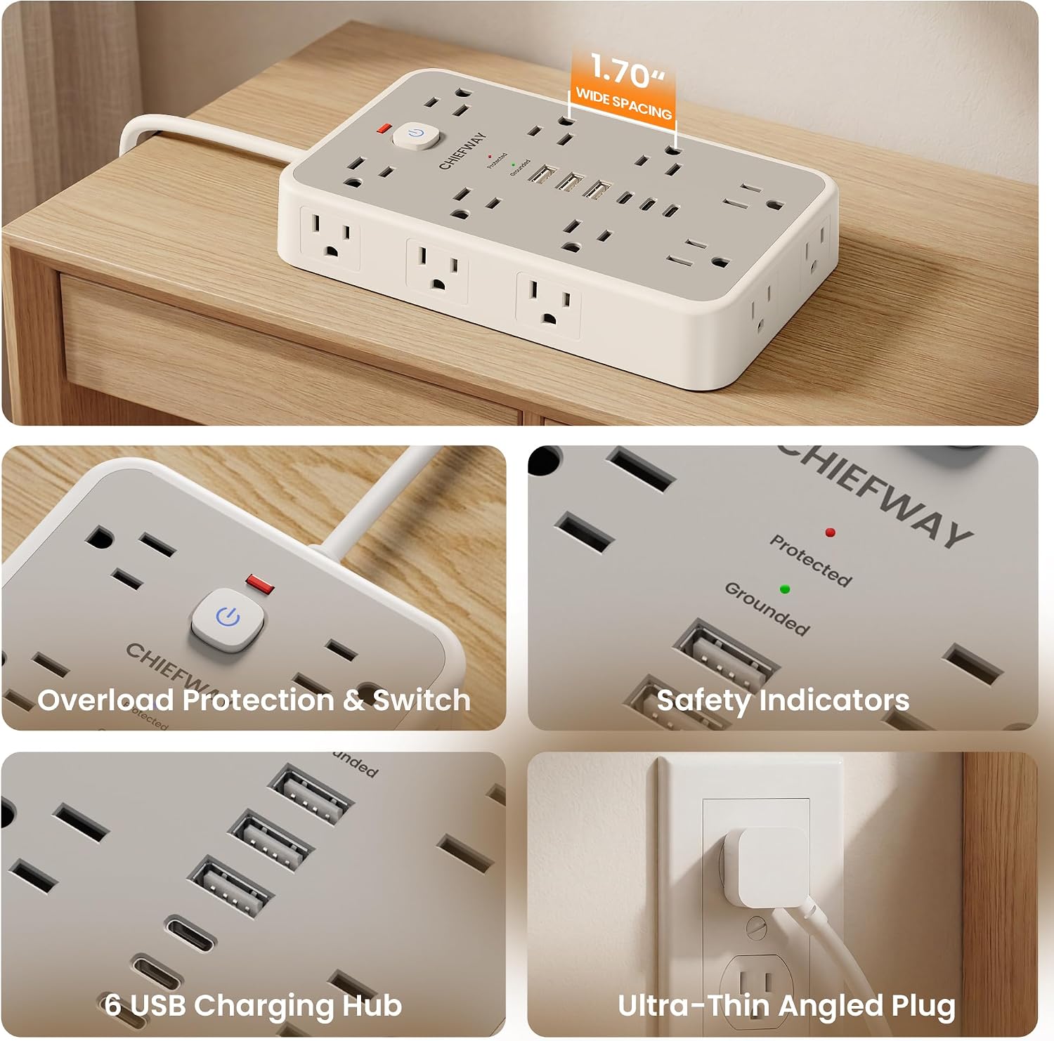 Thumbnail 6 de Surge Protector Power Strip with 6 USB Ports and 16 Outlets — 6ft Flat Plug, 2400J