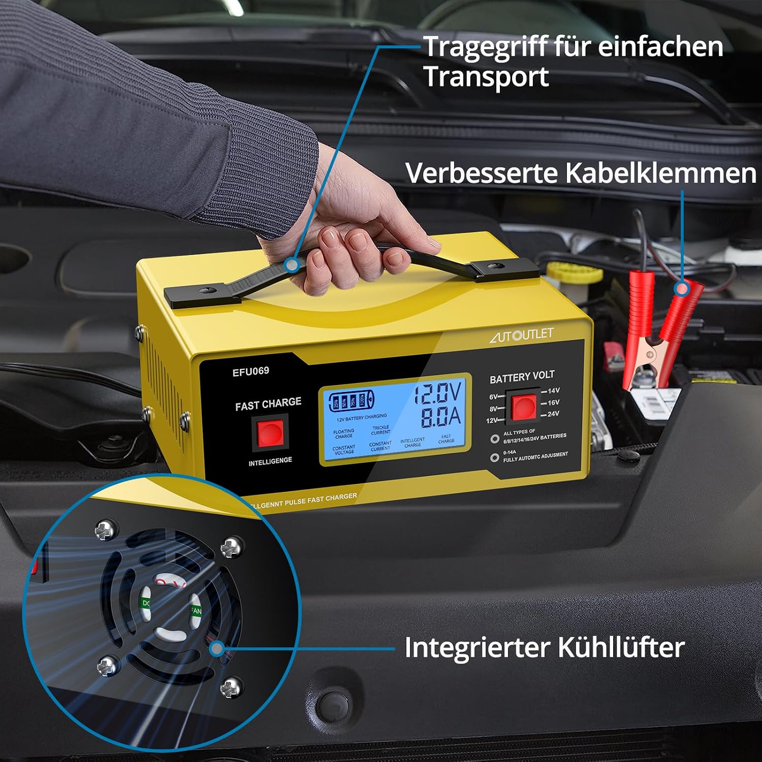 Detalle de AUTOUTLET Ladegerät Autobatterie 6/8/12/14/24V – Smartes Vollautomatisches Erhaltungsladegerät mit LCD