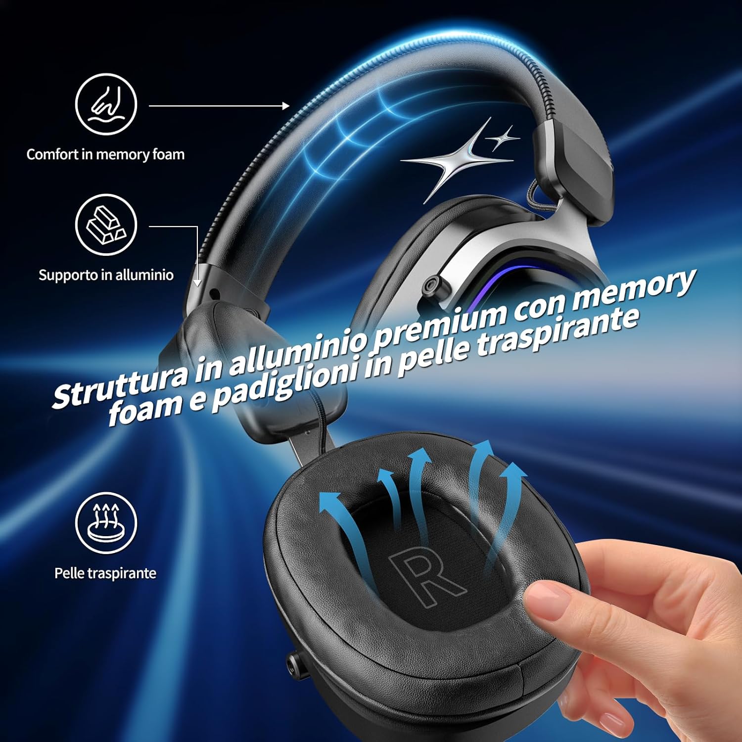 Detalle de MANKIW Cuffie Gaming Wireless per PS5/PS4/PC/Switch: audio 7.1, 50 mm e batteria 900 mAh