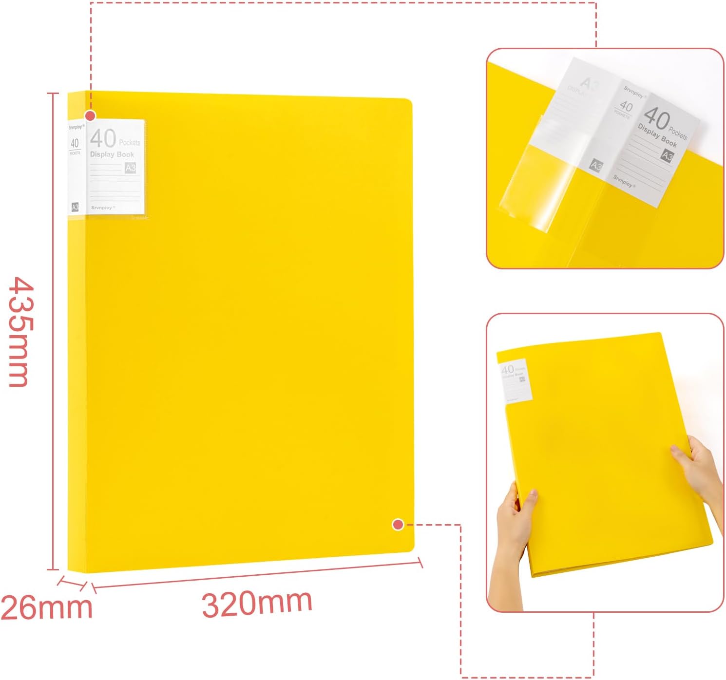Detalle 2 de Srvnpioy 2er-Set A3 Präsentationsdisplay: Sichtbuch mit 40 Klarsichthüllen (80 Blatt) in Gelb