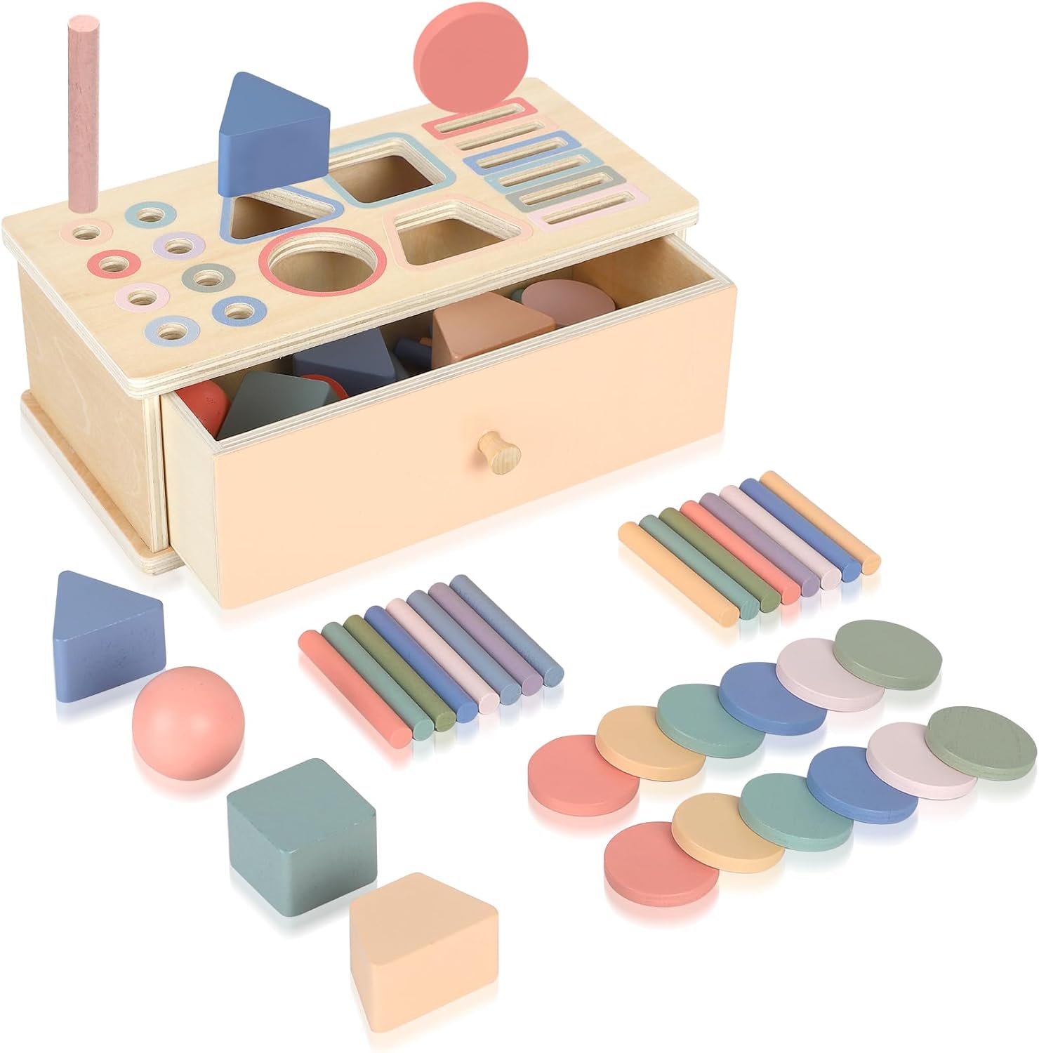 Detalle de Pajojoqa Montessori Color Sorting Toys: 4-in-1 Wooden Busy Box for Color, Shape, and Sensory Play