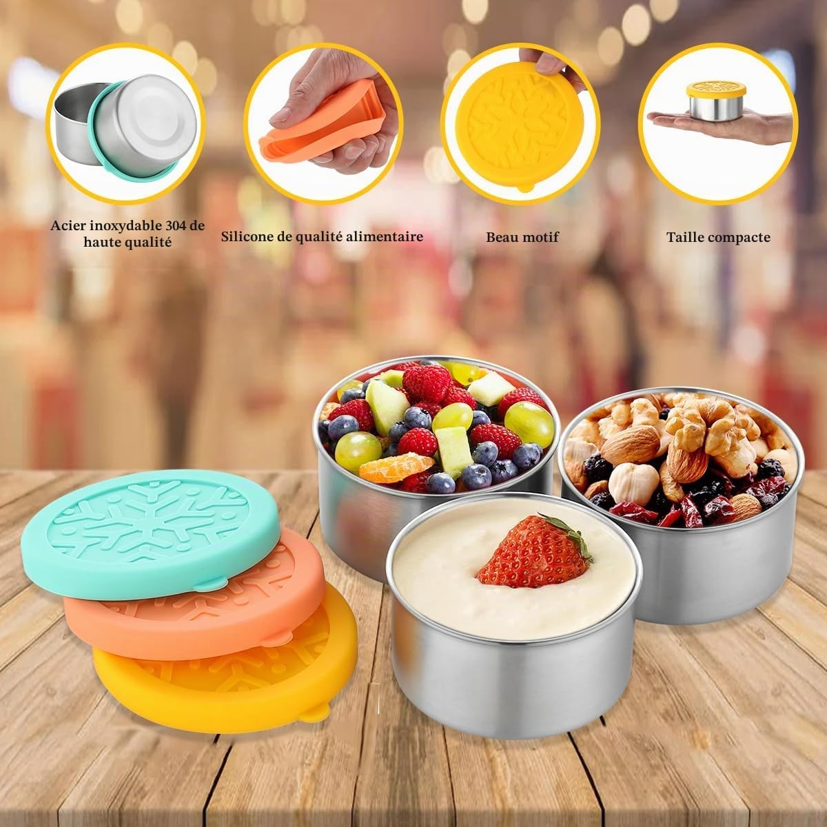Detalle de Misichao 3X220ml snackboxen van roestvrij staal 304 met siliconen deksels, set van 3