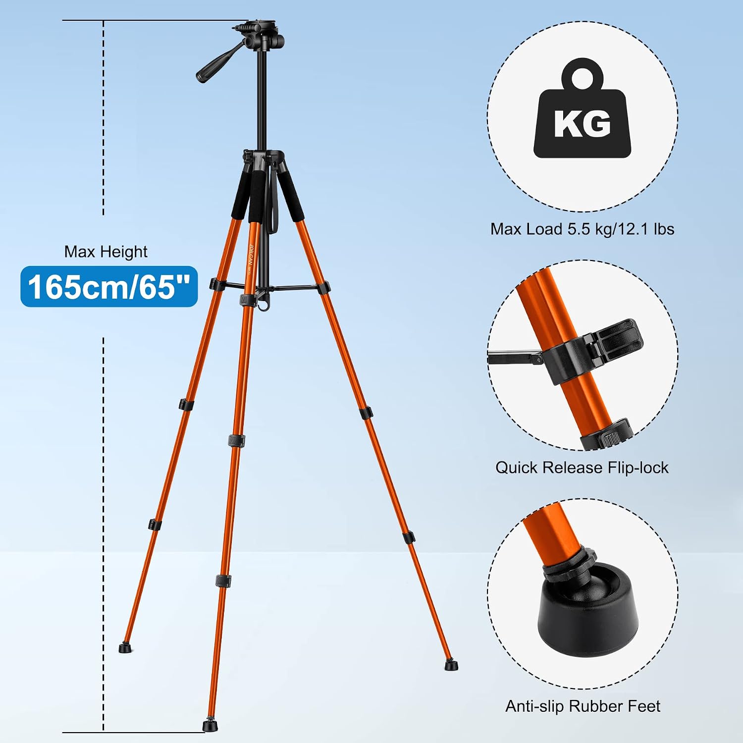 Thumbnail 2 de JOILCAN Compact Camera Tripod for DSLR and Smartphone – Aluminium, 3‑Way Pan Head, 65" Max Height