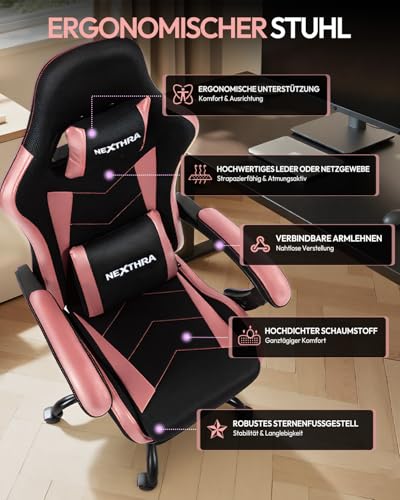 Detalle de Nexthra Gaming Stuhl – ergonomischer Bürostuhl mit höhenverstellbaren Linkage-Armlehnen, Lendenkissen und Fußstütze – Rosa