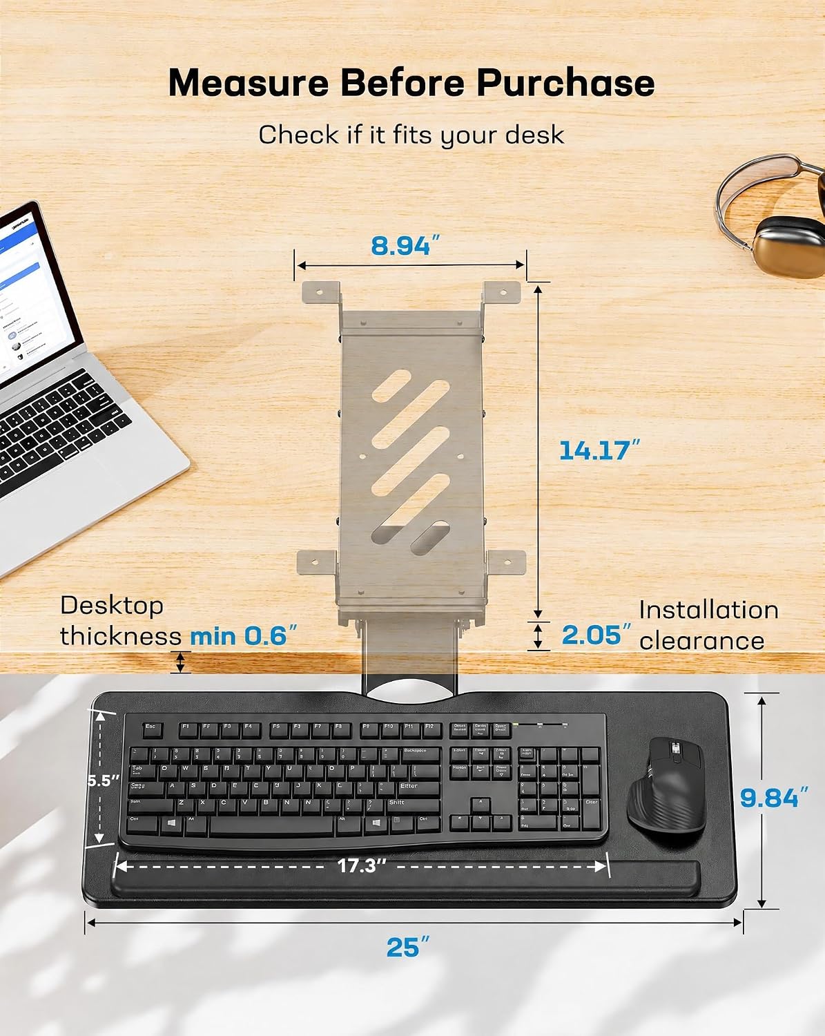 Detalle 2 de HUANUO HN-J Under-Desk Keyboard Tray, Swivel, Height-Adjustable, with Wrist Rest