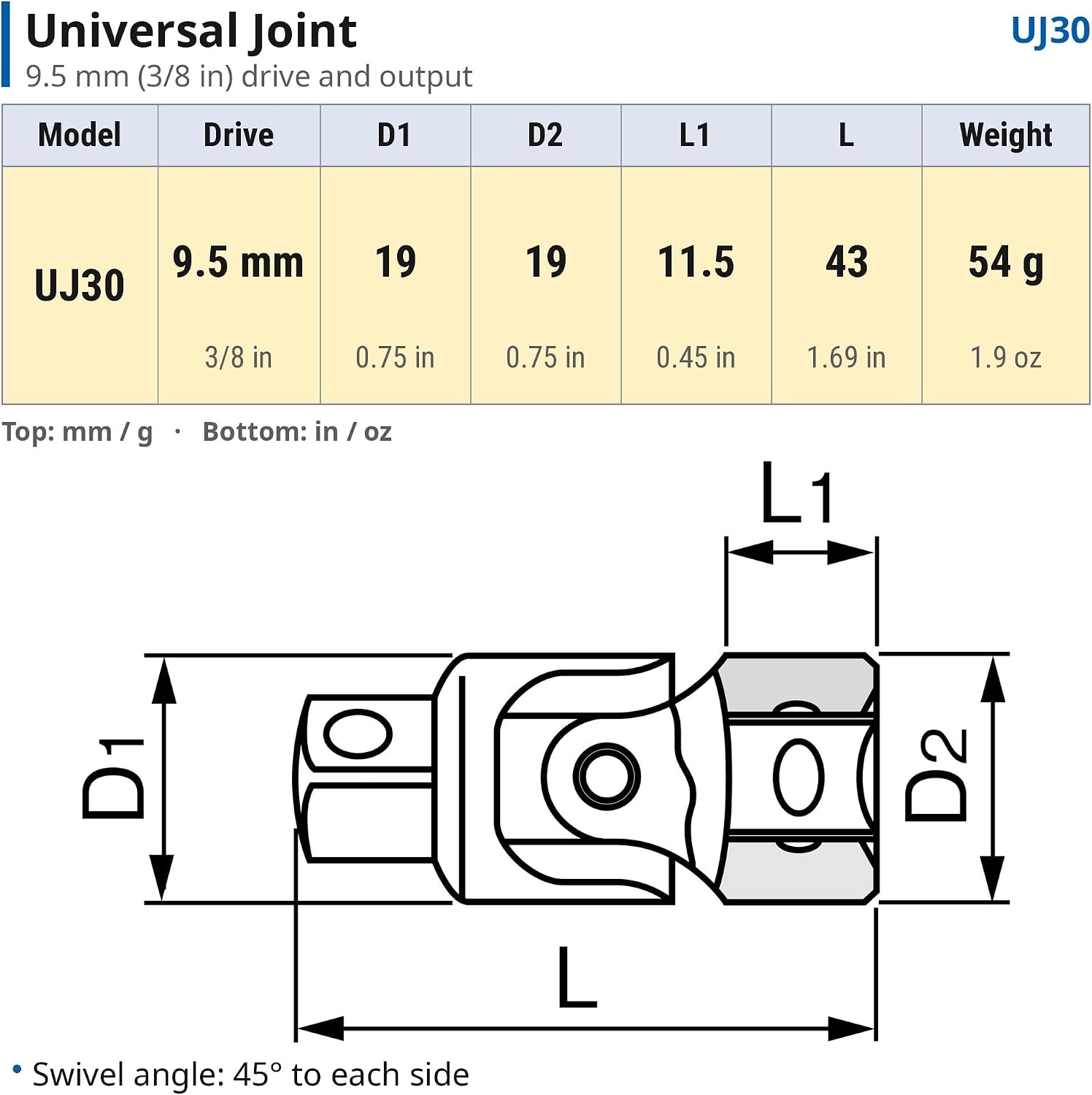 Detalle de トネ(TONE) UJ30 ユニバーサルジョイント 差込角9.5mm・左右45度首振り