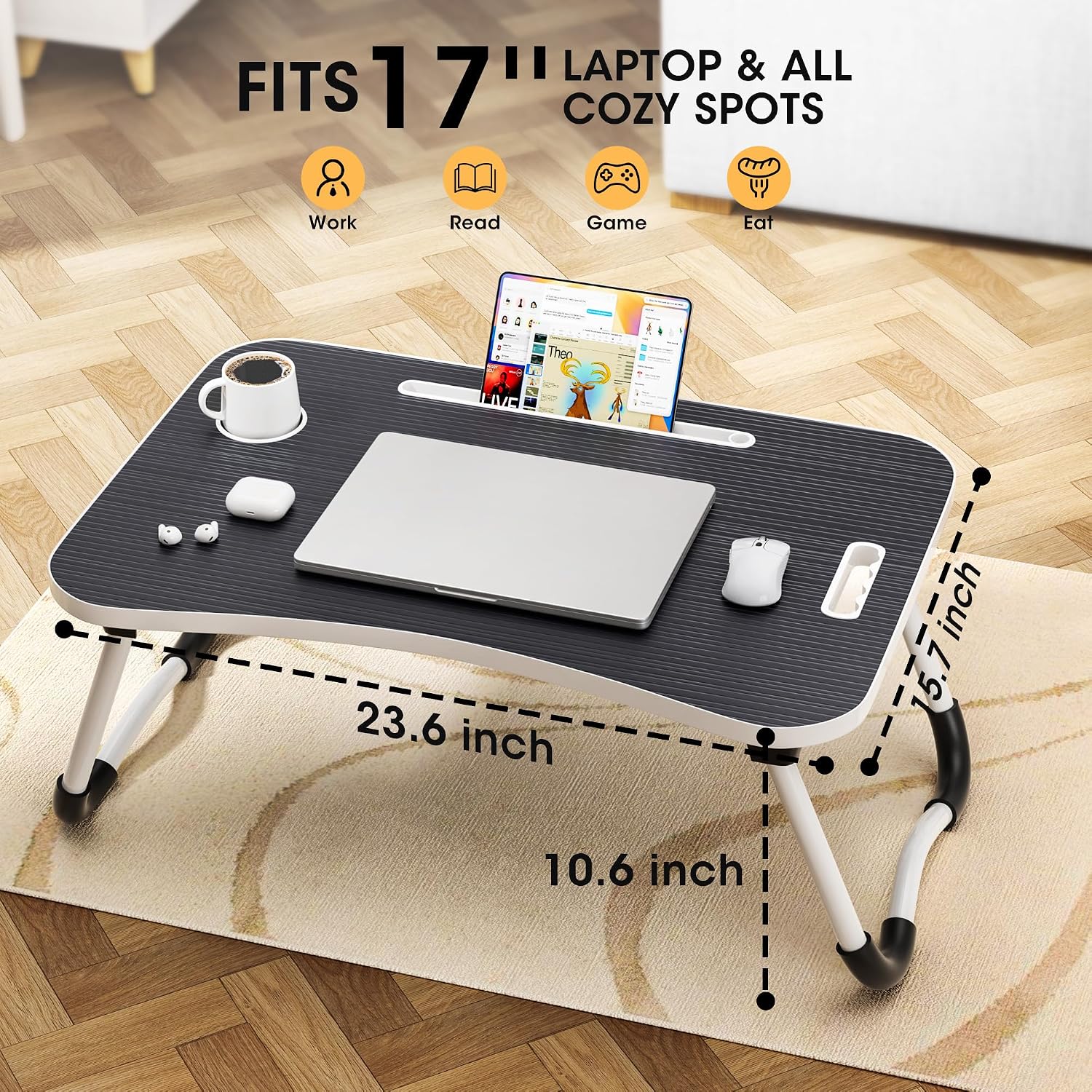 Thumbnail 1 de Frpufi LD005 Folding Lap Desk, 23.6-Inch Wood Bed Table with Cup Holder