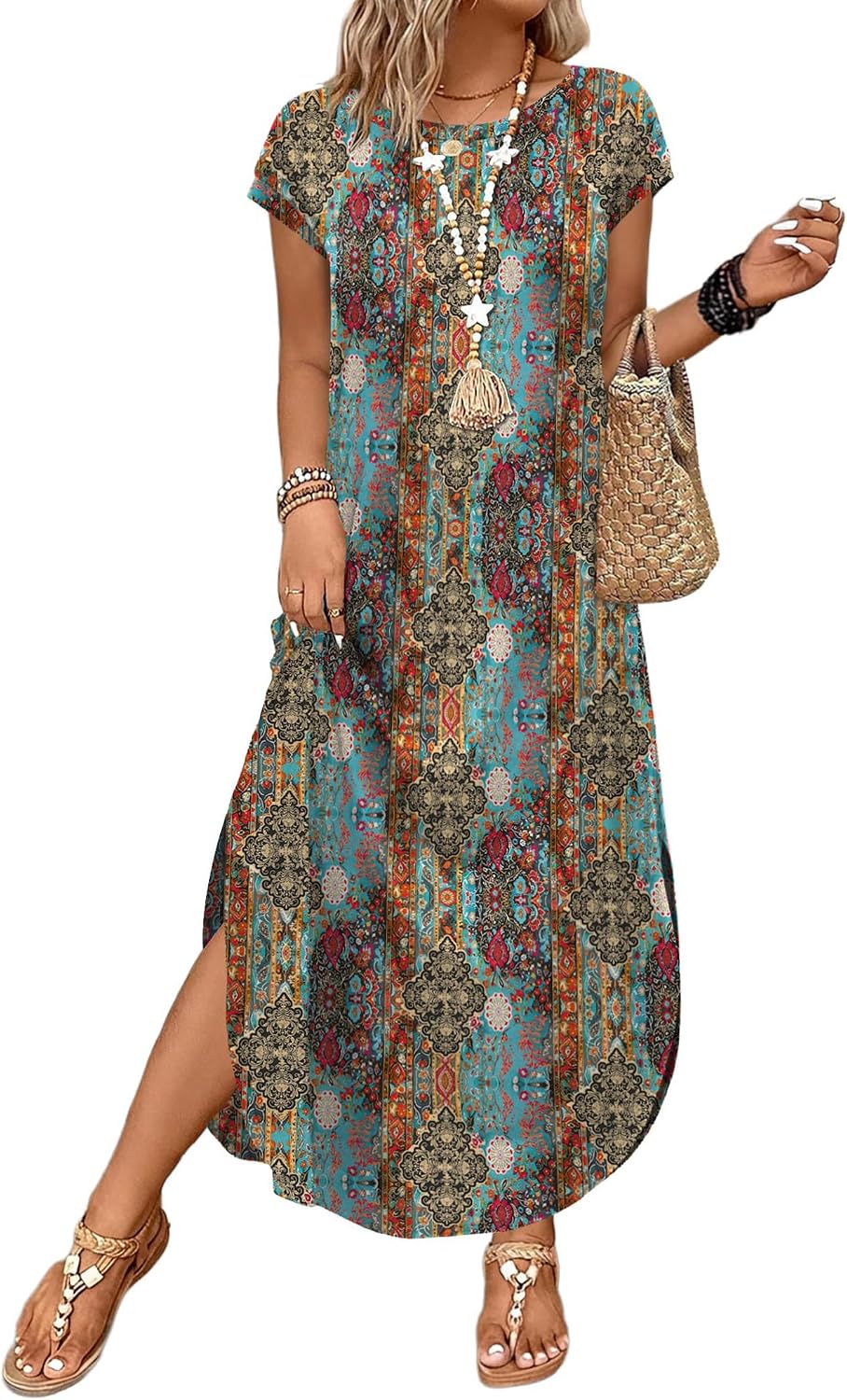 Detalle 2 de WIHOLL Cap Sleeve Crewneck Maxi Dress with Pockets – Beach-Ready Casual Tunic to Summer Dress