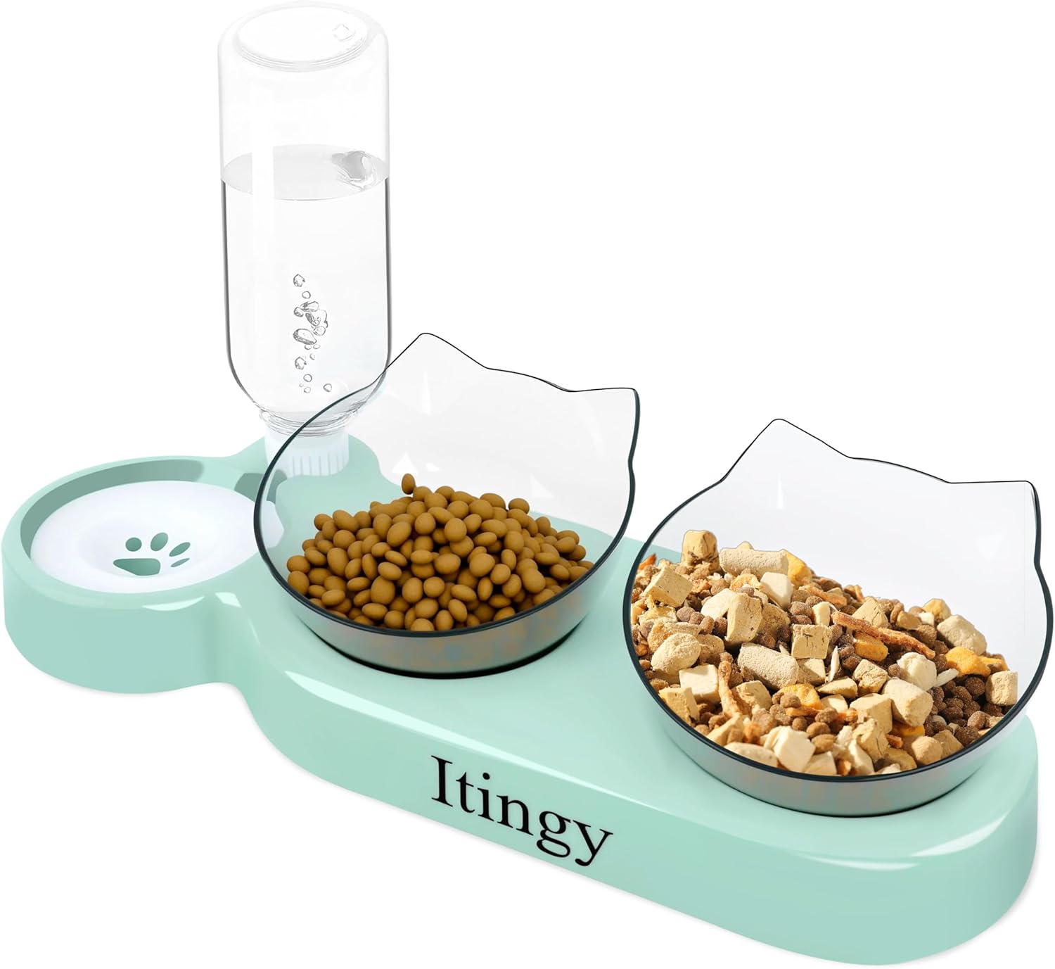Detalle de Itingy 3-In-1 Cat Food and Water Bowl Set with Tilted Stand and 15° Design