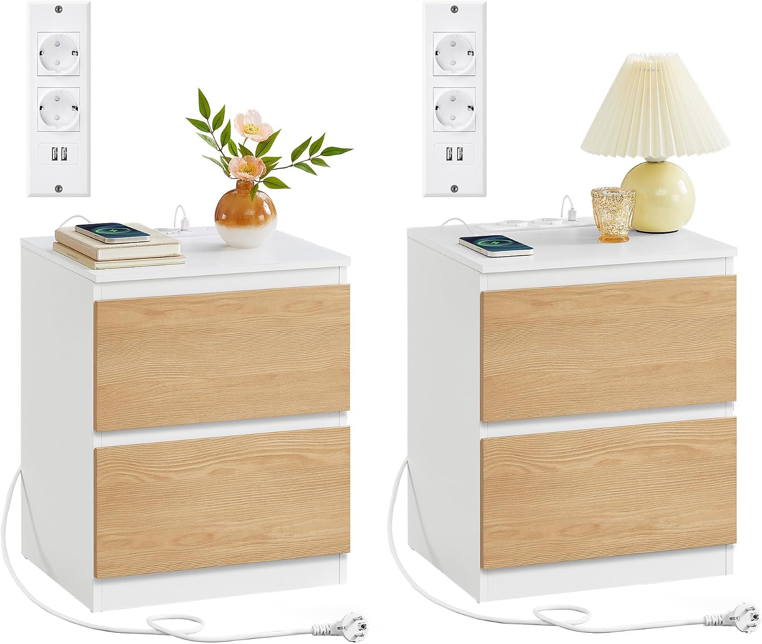 VASAGLE Kailyn Collezione - Comodini con Ciabatta Elettrica, Set di 2, bianco nuvola LET821W02