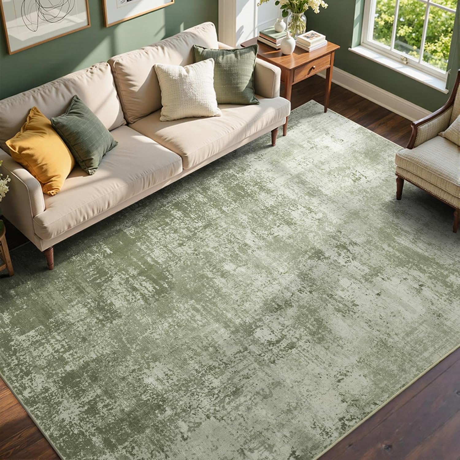 Detalle de 6x9 Ft Green Abstract Area Rug — Soft, Non-Slip, Machine Washable for Living Room or Nursery