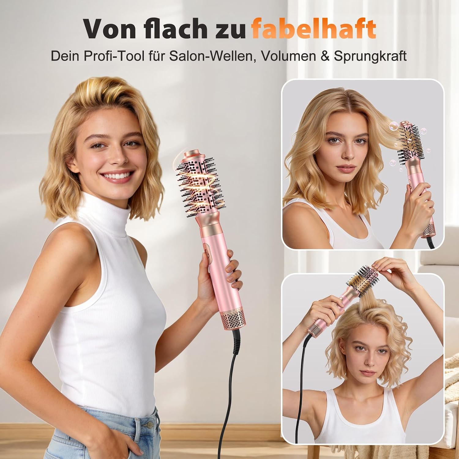 Detalle de 5-in-1-Föhnbürsten-Set: Upgrade-Haartrockner, Föhnbürste, Lockenstab Automatisch und Paddelbürste – kompakt, vielseitig und für die Familie