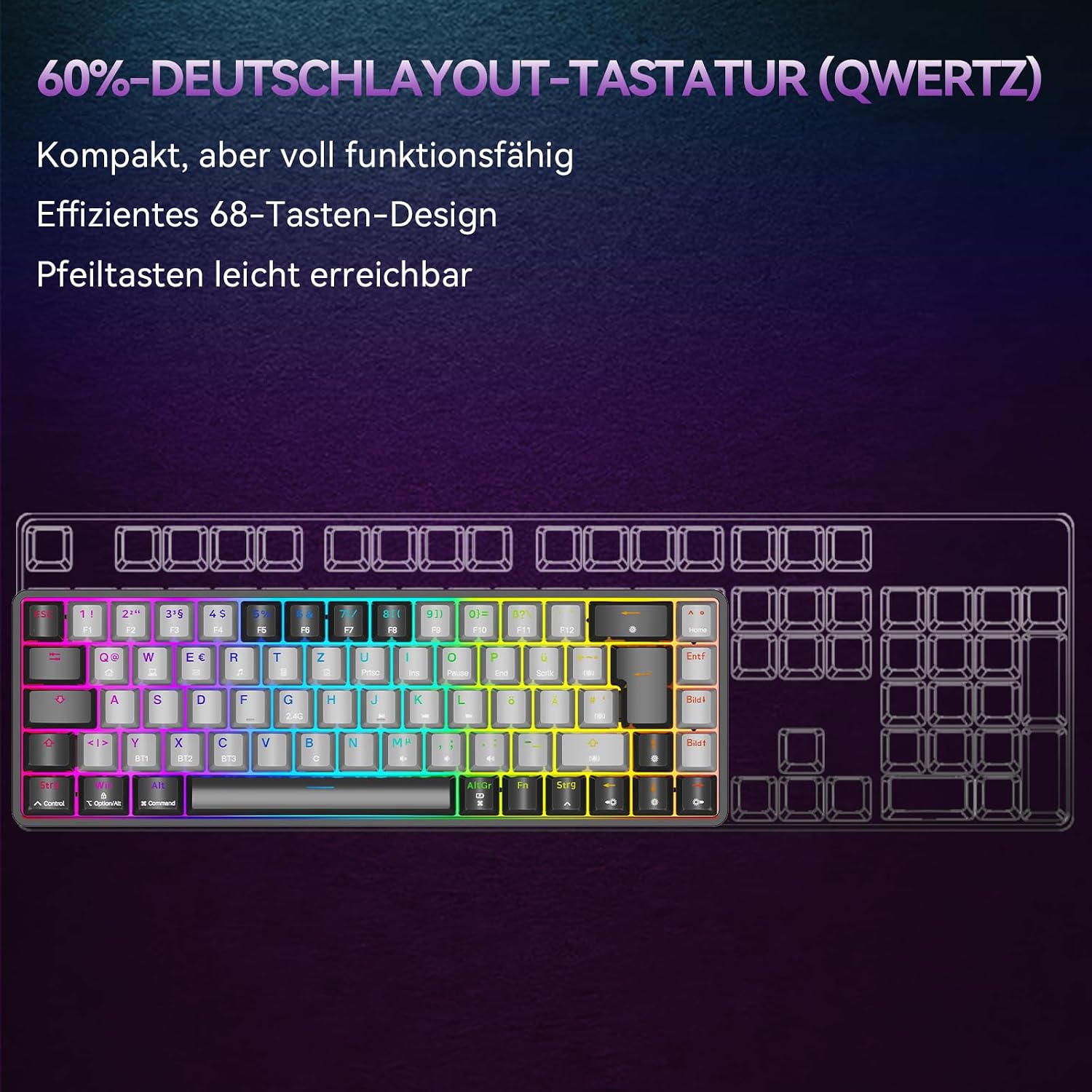 Detalle de TMKB T68 Gaming-Tastatur (68 Tasten, kabellos) – 60% mechanisch mit RGB, Bluetooth/2.4G/USB-C, deutsches QWERTZ