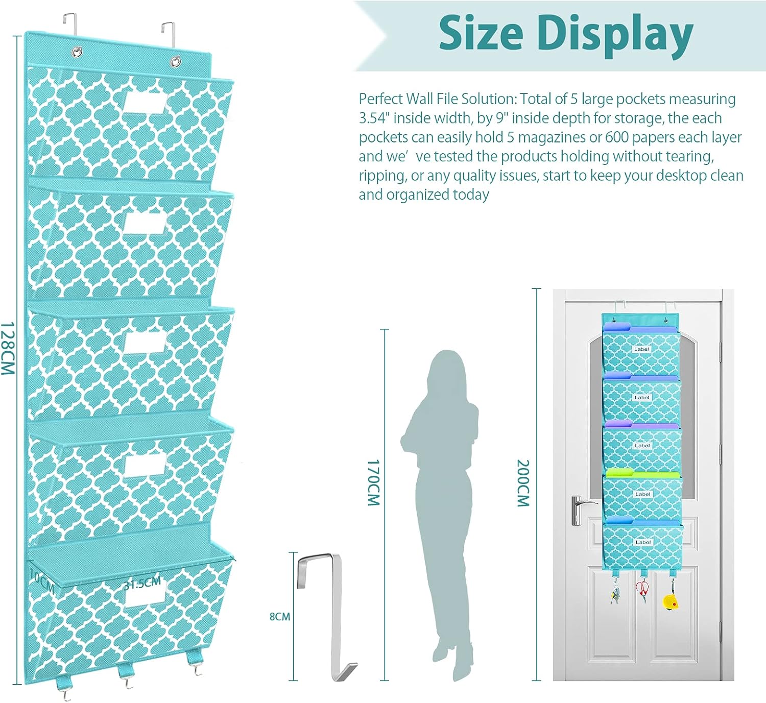 Detalle 2 de homyfort Hft-Cf Over-the-Door File Organizer, 5 Pockets, Blue Lantern Pattern