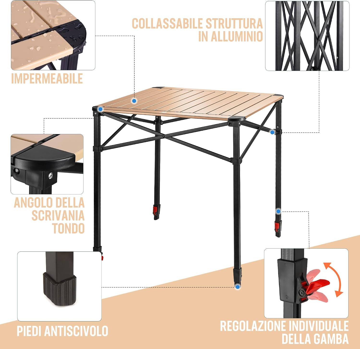 Detalle de VILLEY Tavolo Pieghevole Campeggio in Alluminio con Borsa, Altezza Regolabile 70x70x78 cm – Oro