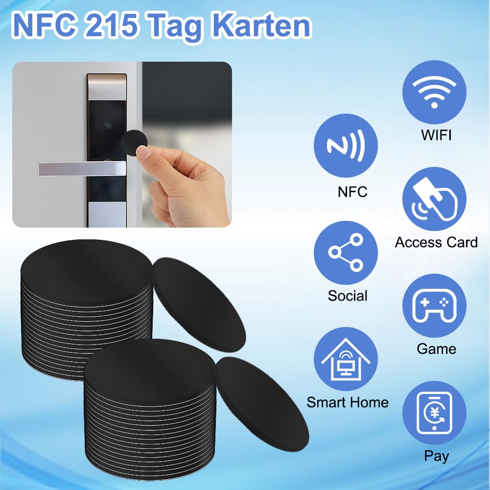 Detalle 2 de OFFCUP NTAG215 NFC Coin Tags, 25mm Black PVC Round Cards, 20 Pack