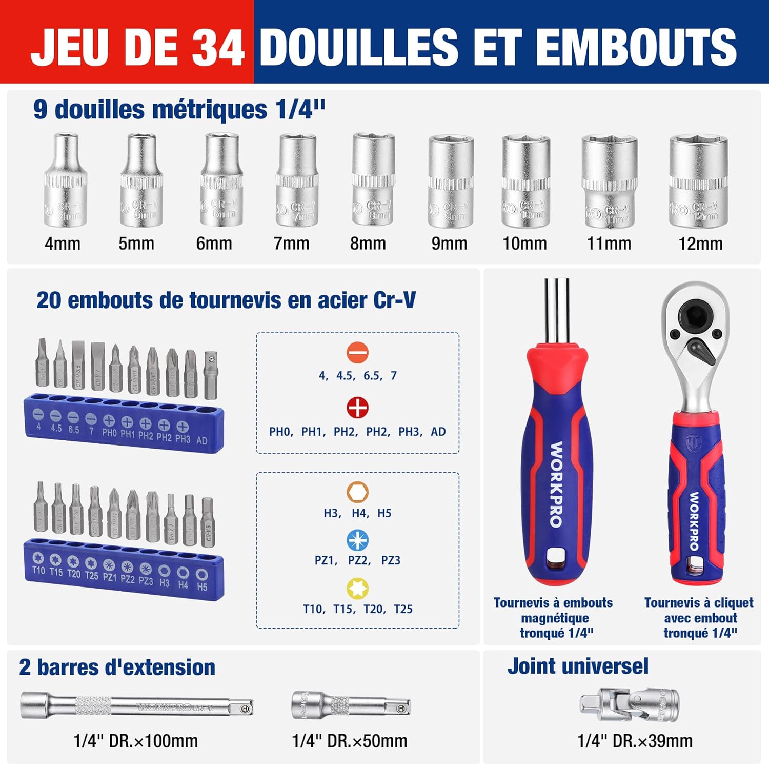 Detalle 2 de Coffret WORKPRO de douilles et embouts 34 pièces 1/4" double tête, rallonges et joint universel