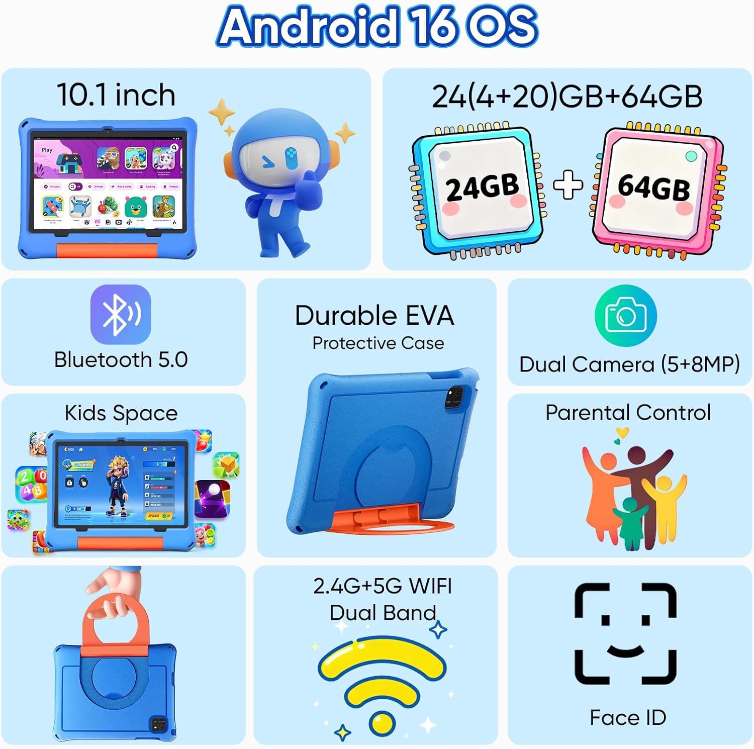 Thumbnail 1 de 10-inch Kids Tablet (Android 16) with Parental Control, Dual Camera, 24GB RAM + 64GB Storage (Expandable)